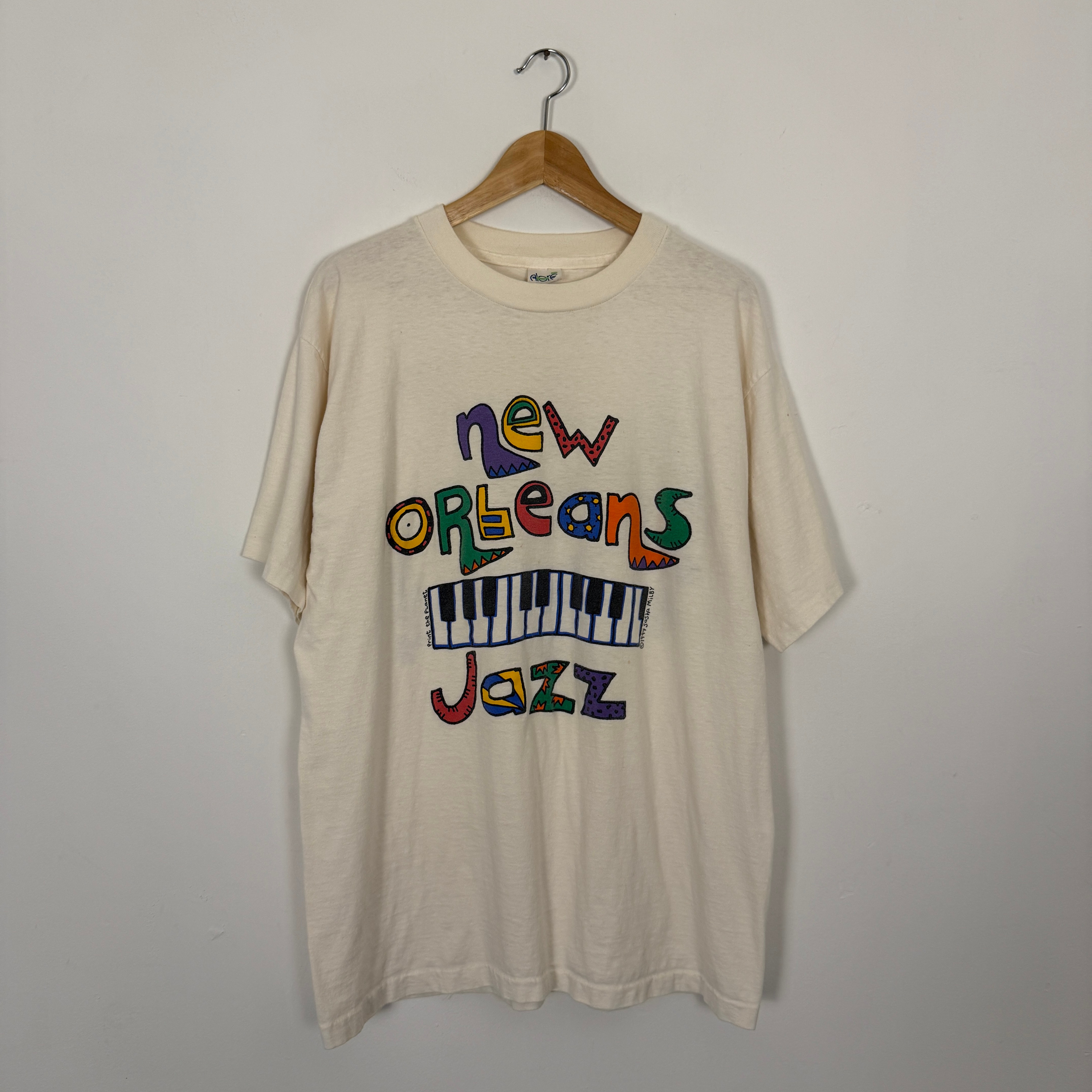 Vintage 90s New Orleans Jazz Music Pop Art Tee Shirt White Single Stitch XL