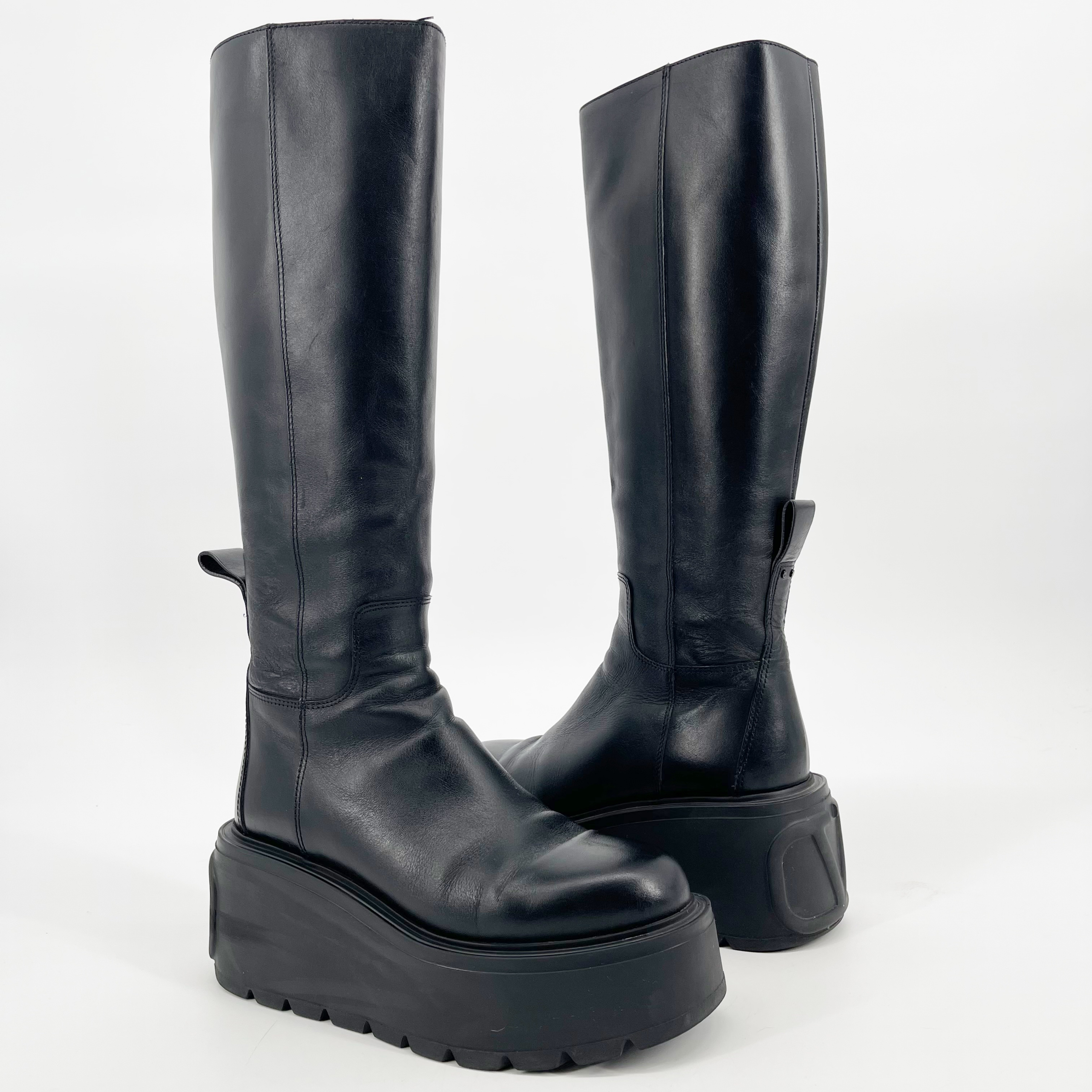 Valentino Black Leather Uniqueform VLogo Chunky Platform Tall Boot 