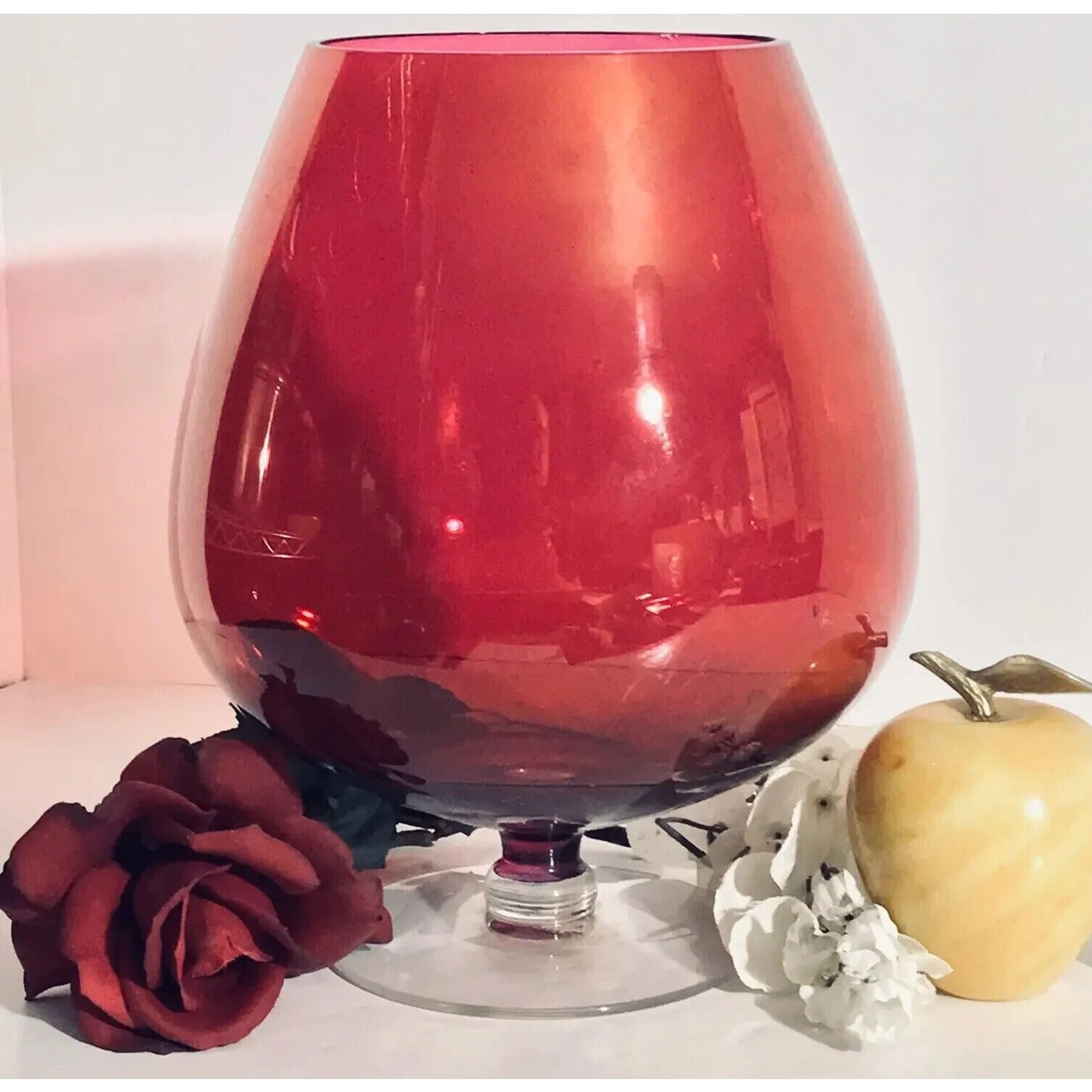 1945 CRANBERRY RUBY RED COMPOTE BALLON VASE PEDESTAL BOWL ART GLASS￼ VTG CHALICE