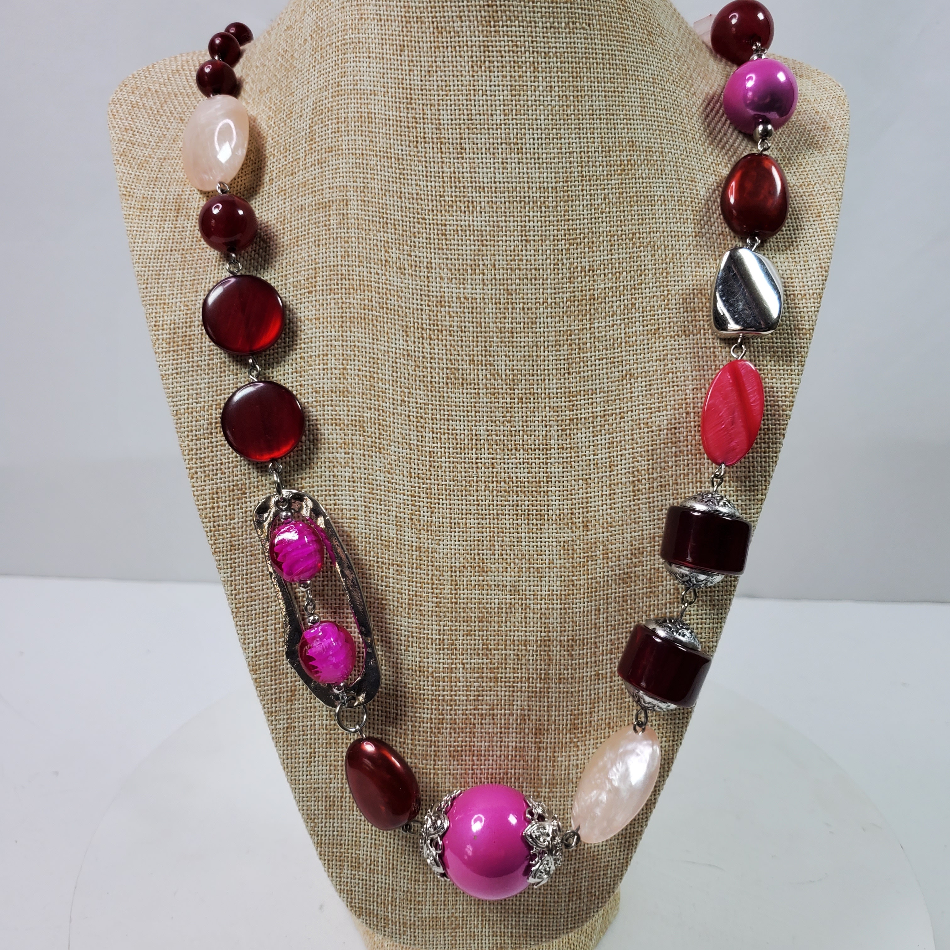 Pink Statement Necklace Big Beads on Silver Tone Chain 34 Inch