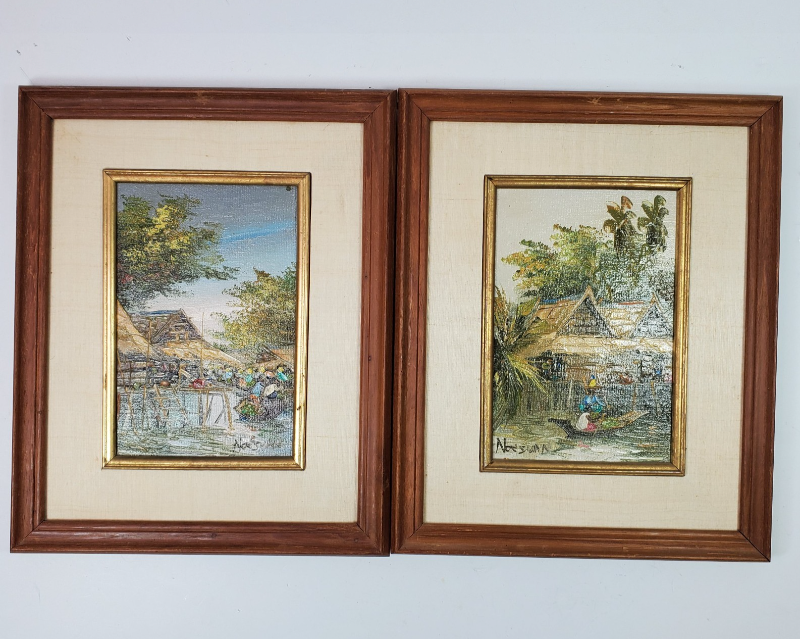 Nogsuan Thailand Fisherman Village Oil On Board Seascape Painting SET OF 2