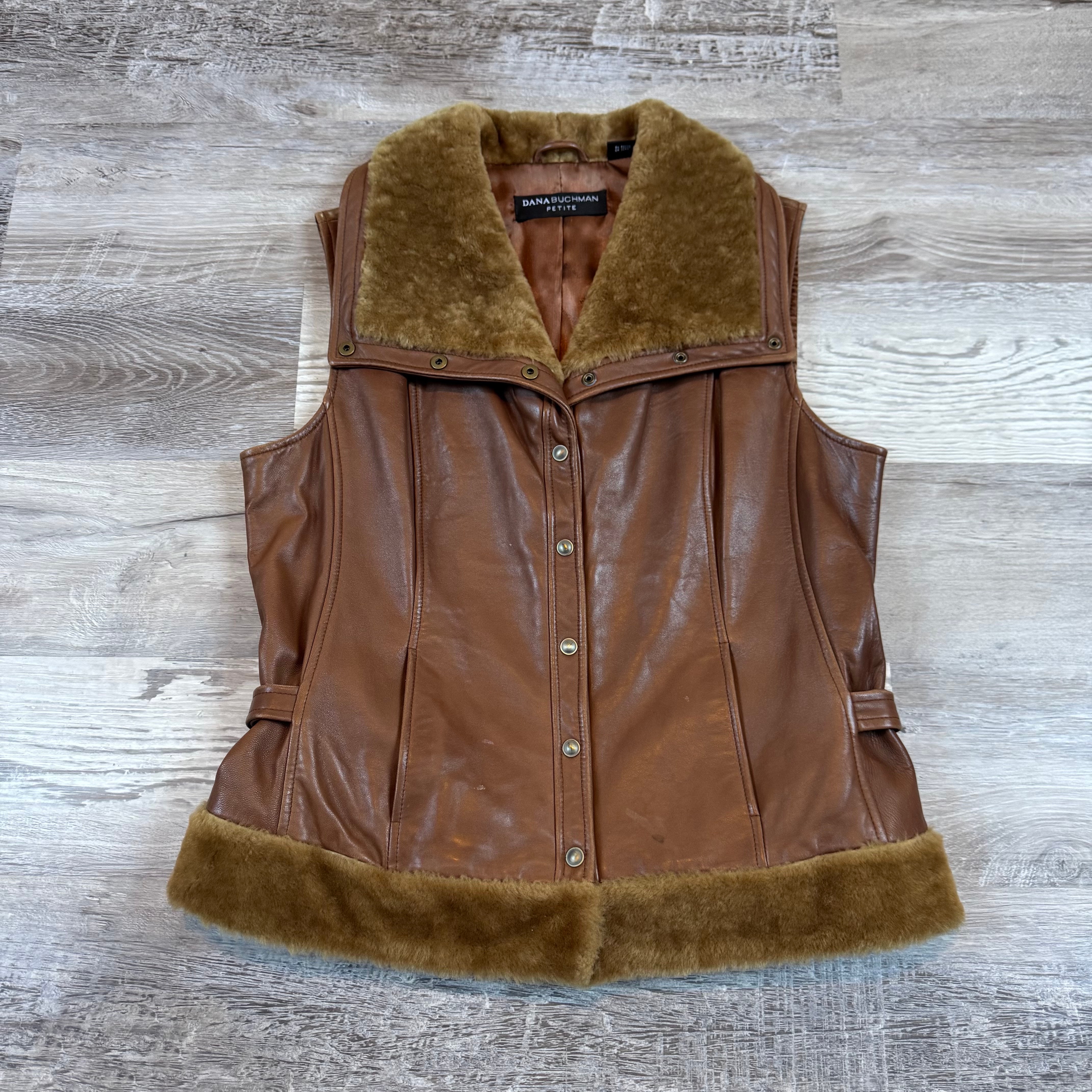 Vintage 90s Dana Buchman Brown Leather Shearling Vest Luxe Mob Wife Small