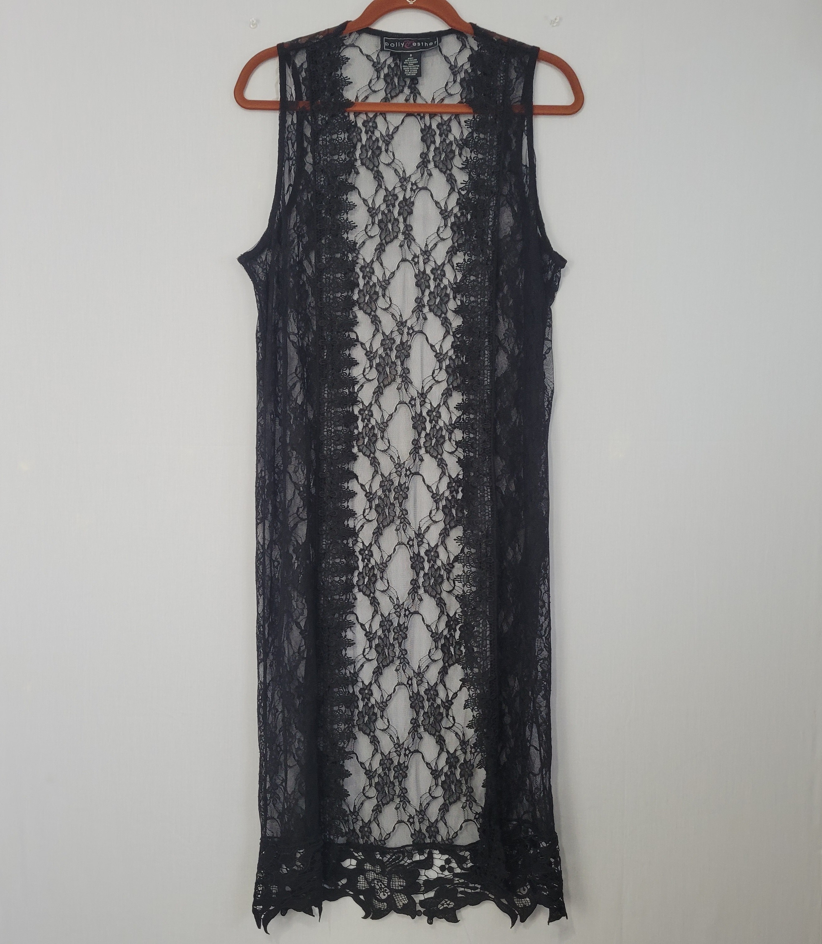 Vintage Y2K Sheer Black Floral Lace Longline Open Front Vest size S Whimsigoth