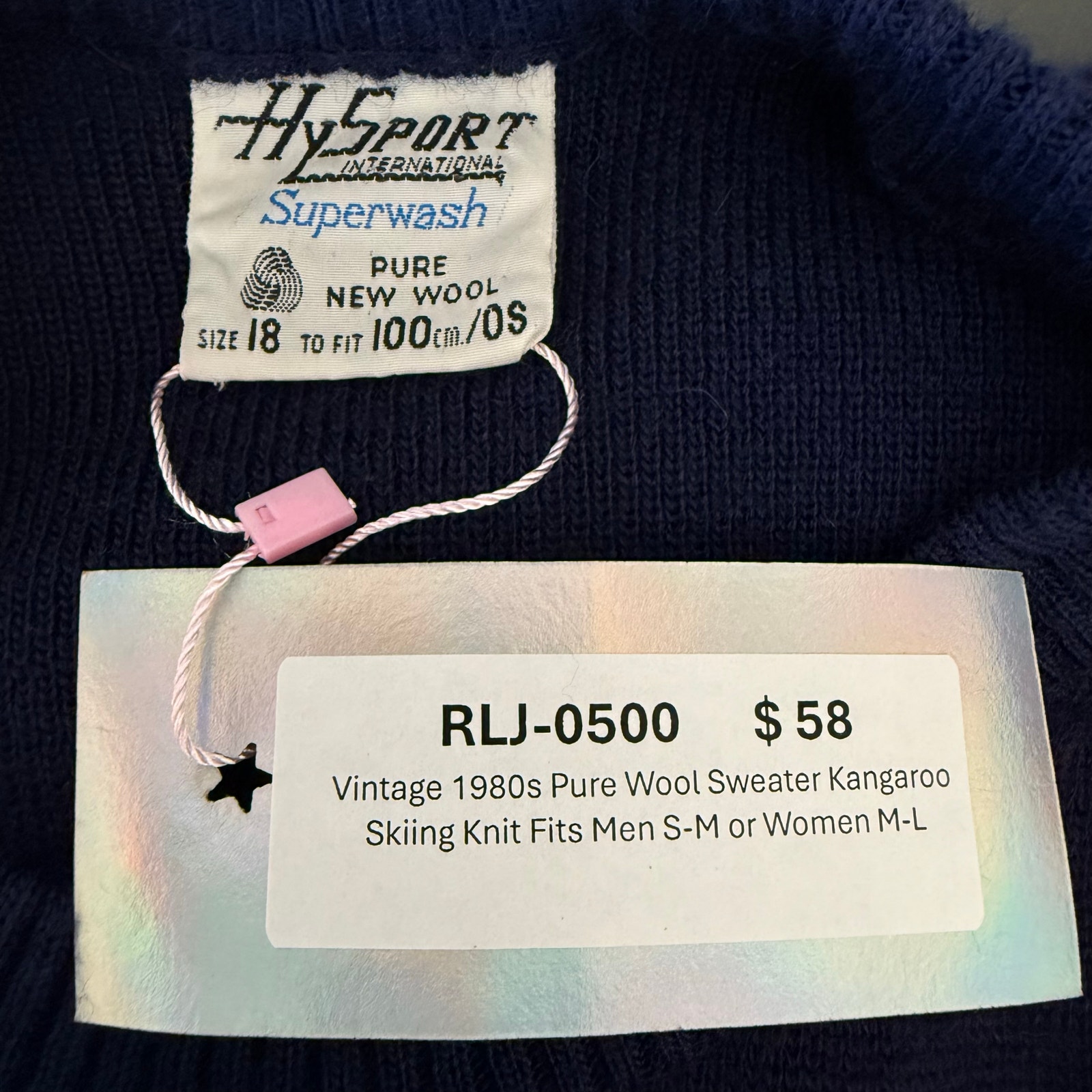 Vintage 1980s Pure Wool Sweater Kangaroo Skiing Knit Fits Men S-M or Women M-L - Picture 6 of 9