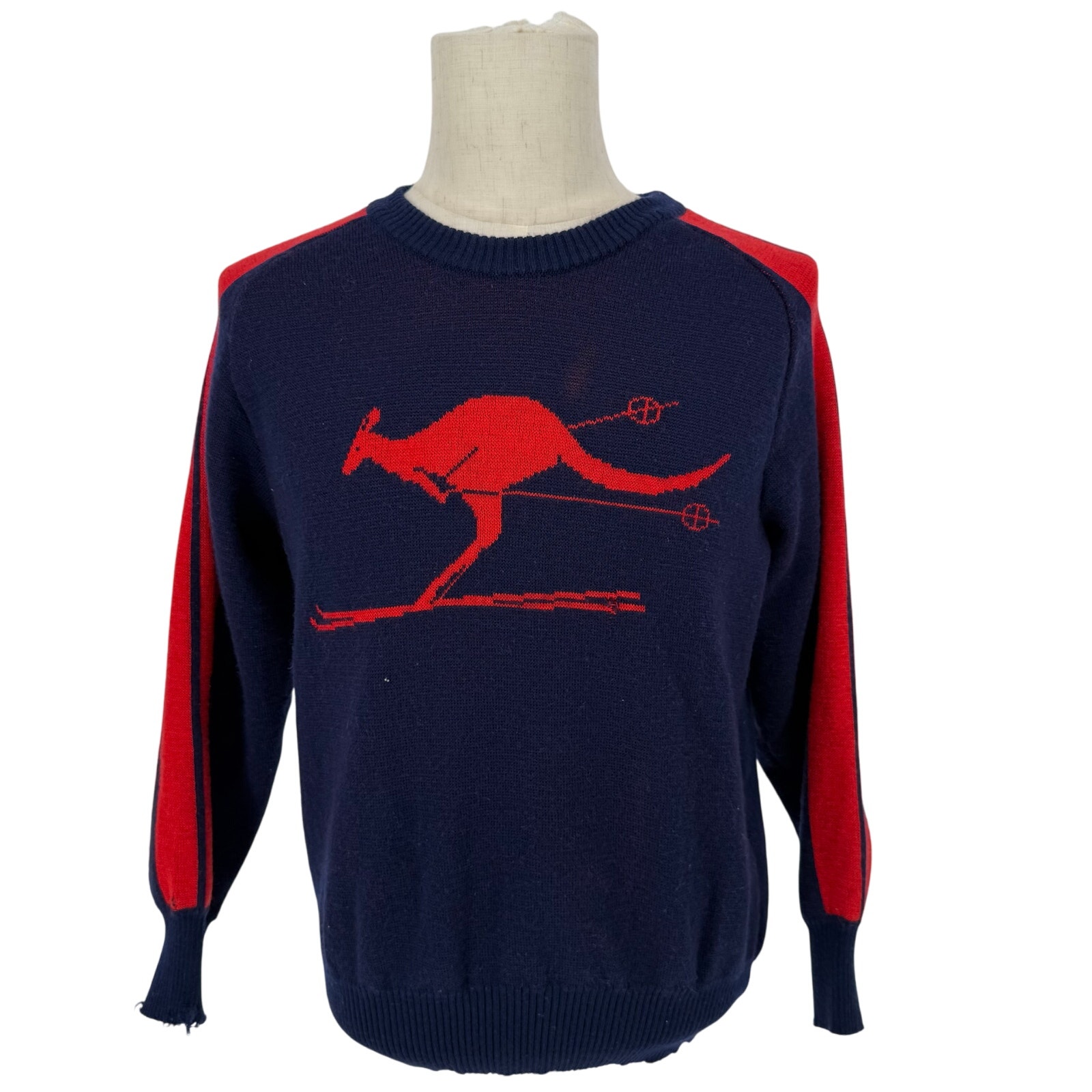 Vintage 1980s Pure Wool Sweater Kangaroo Skiing Knit Fits Men S-M or Women M-L - Picture 1 of 9