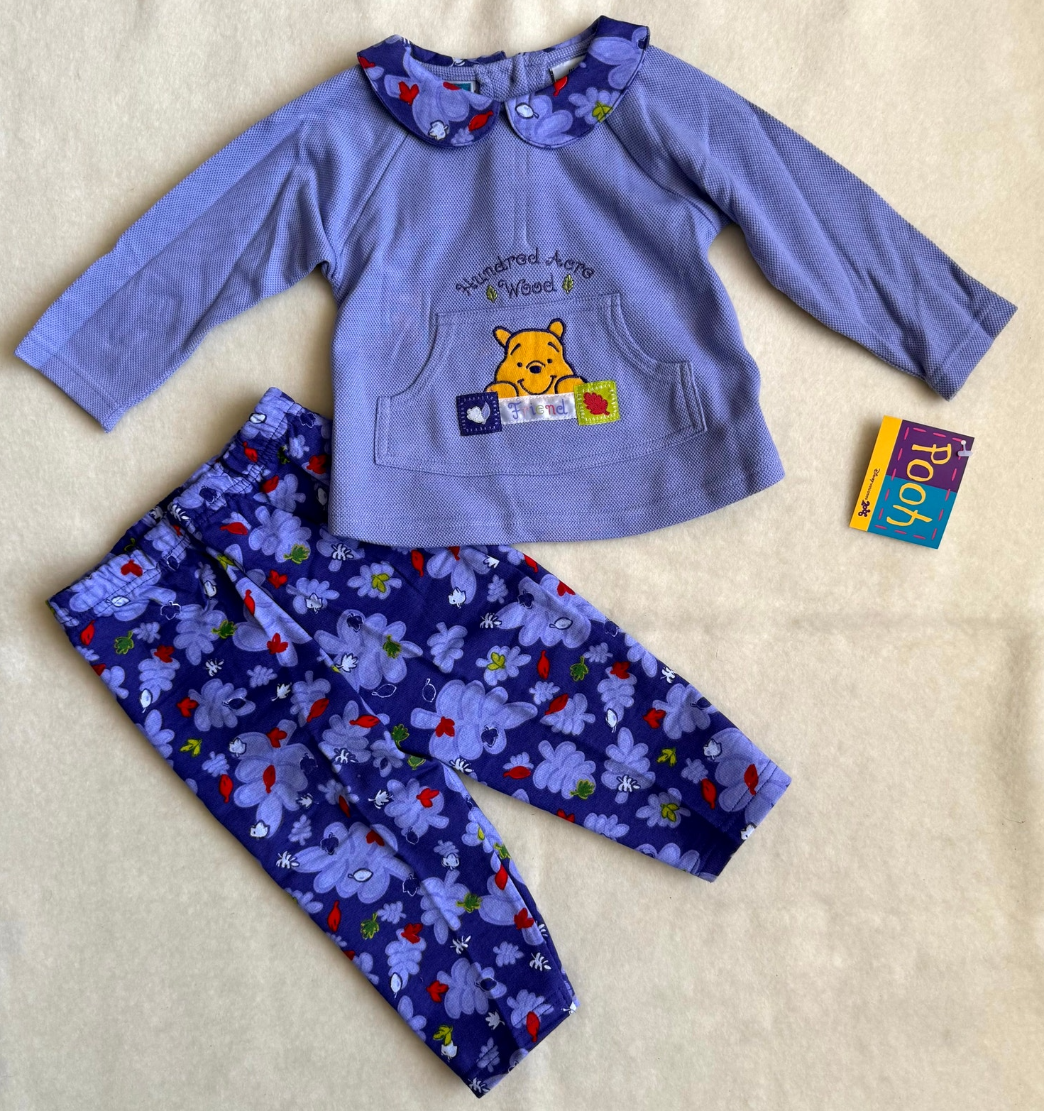 Vintage 90s Disney Pooh Pants Set Girls Size 12M Blue Floral Hundred Acre Wood