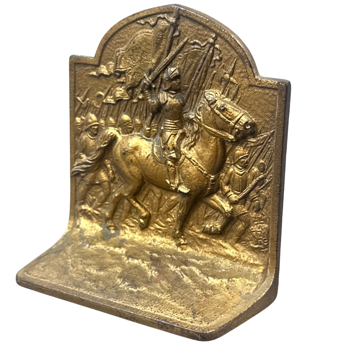 VTG Cast Metal Bookend Knight Horseback Medieval Battle Scene Gold Finish Goth