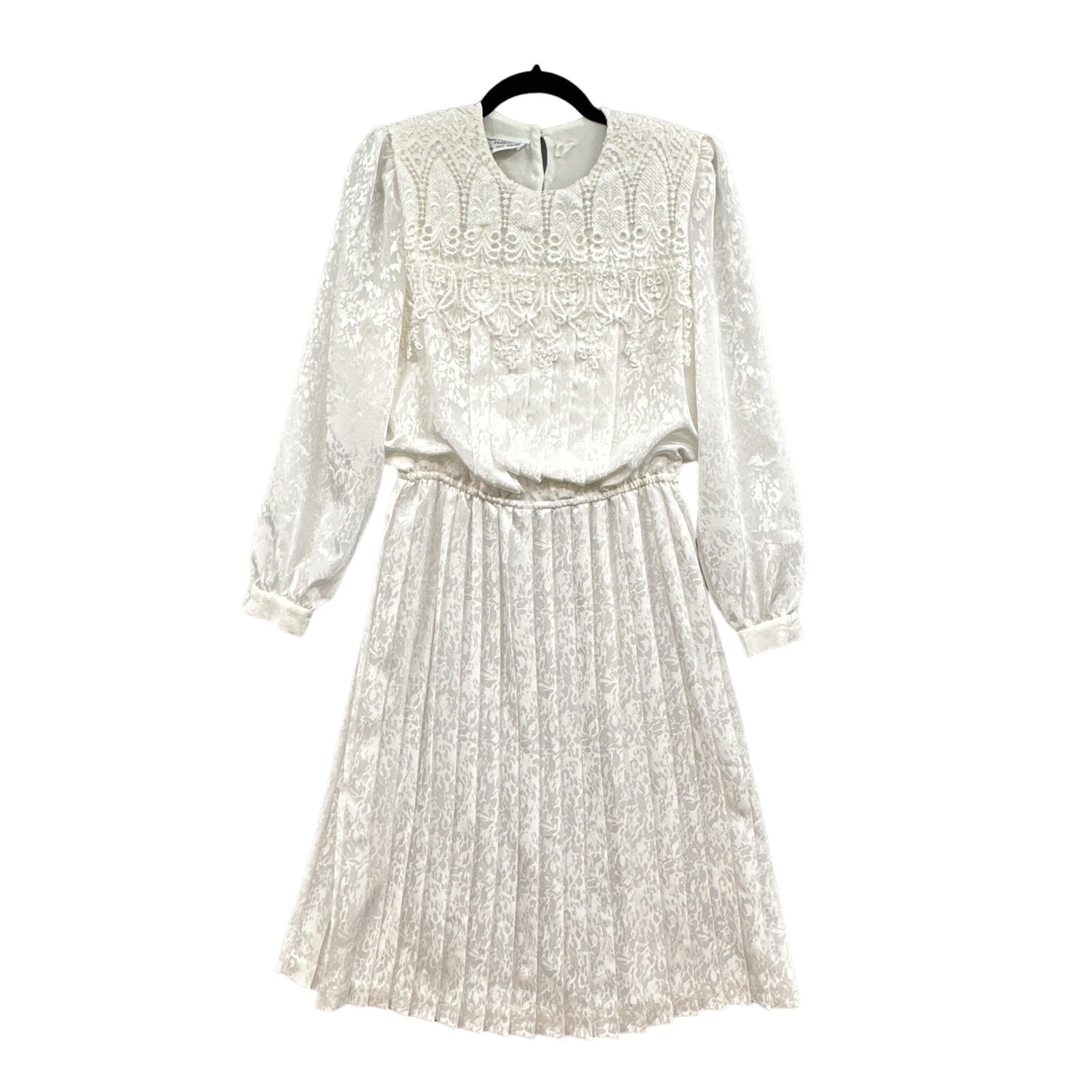 VTG 80s Dress Womens Sm P White Pleated Lace Wedding Secretary Midi Church Lady