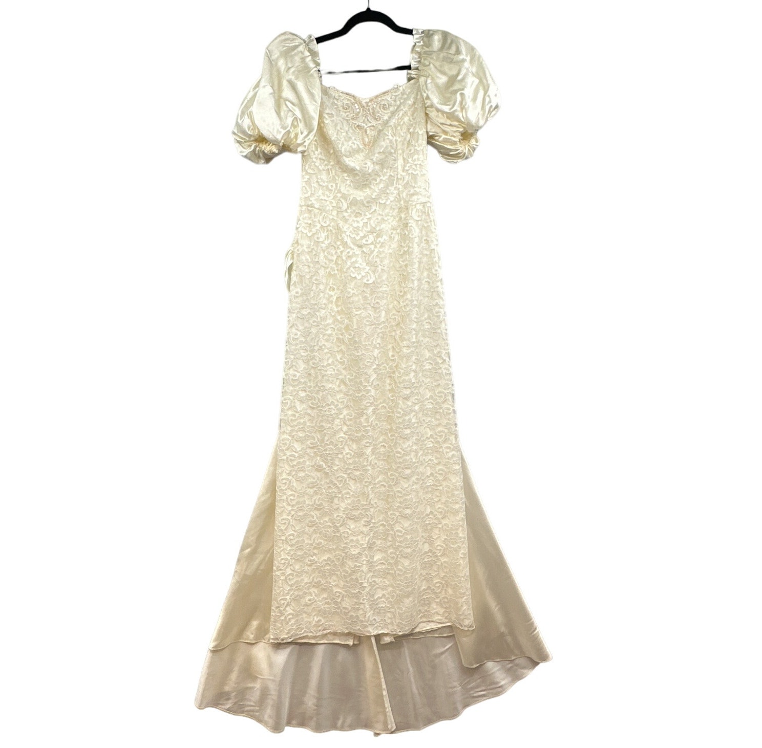 VTG 90s Formal Dress M Ivory Puff Sleeve Wedding Lace Glam Satin Union Prom US