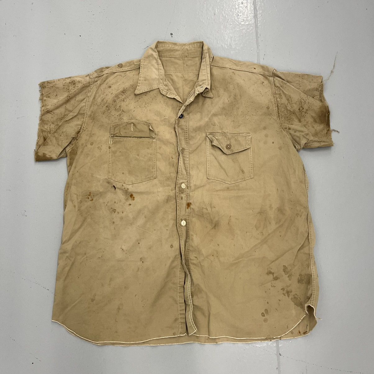 Vintage 50s Tan Sanforized Cotton Workwear Canvas Shirt 1950s True Vintage