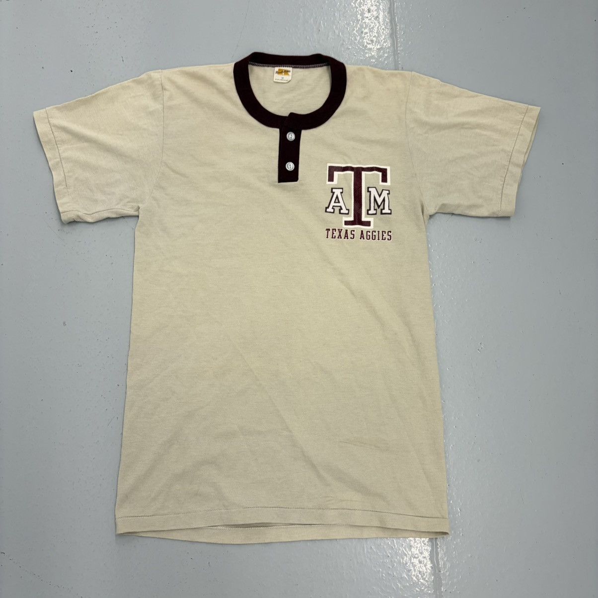 Vintage 70s Texas A&M Cream Russell Athletic Henley T-Shirt 1970s True Vintage