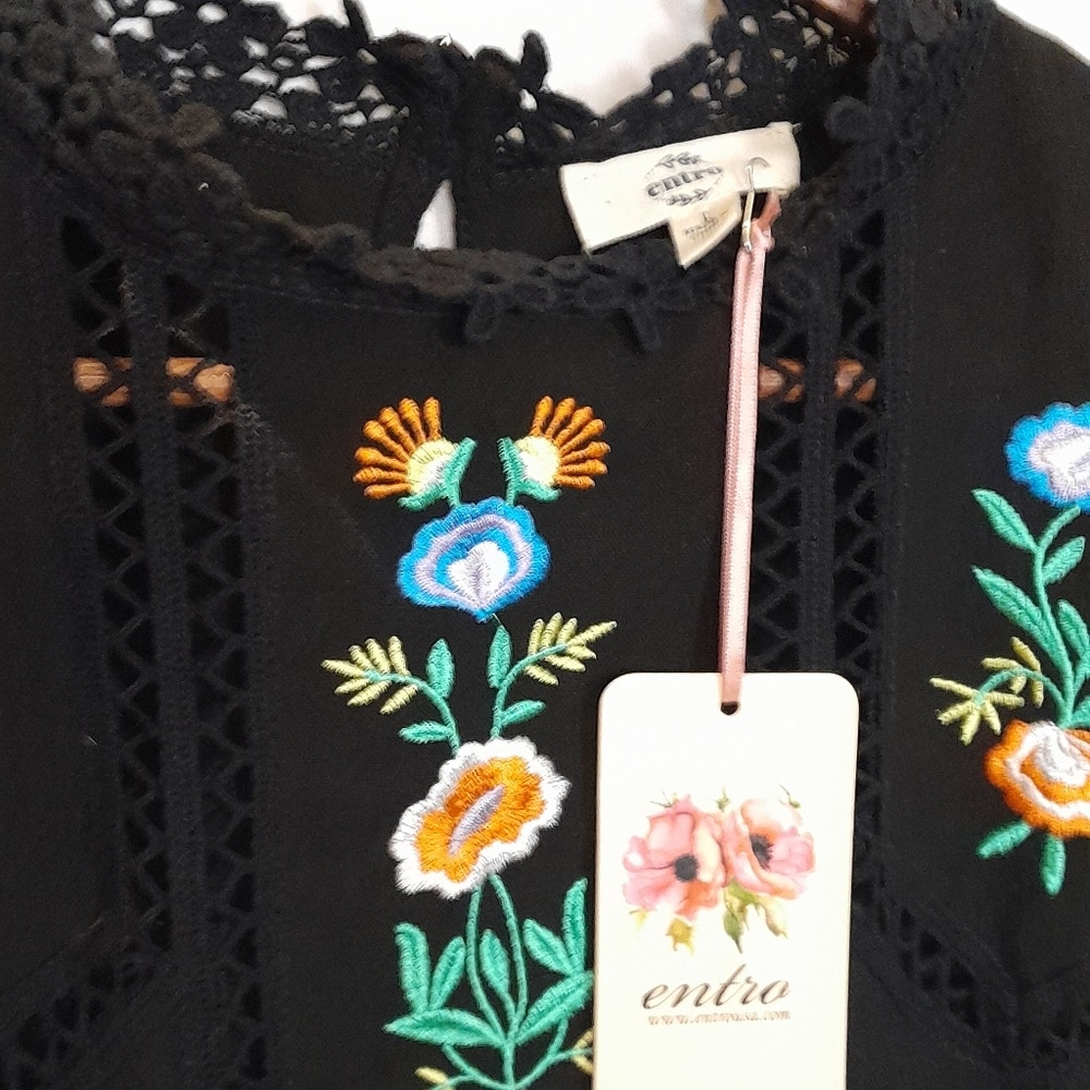 Entro Dress Black Linen Cotton Embroidered Floral Women L NWT ...