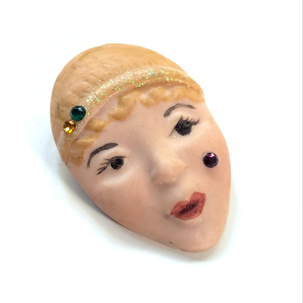 Vintage Estate Art Deco Porcelain Flapper Girl Rhinestone Retro Face Brooch