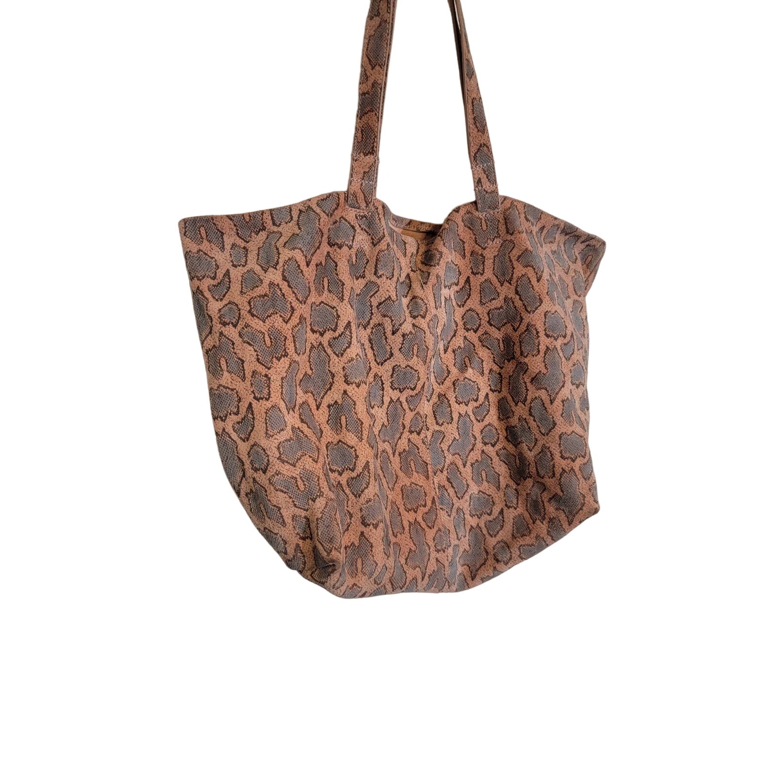 Women's Leopard Print Extra Large Storage Shoulder Tote Bag Tan Suede