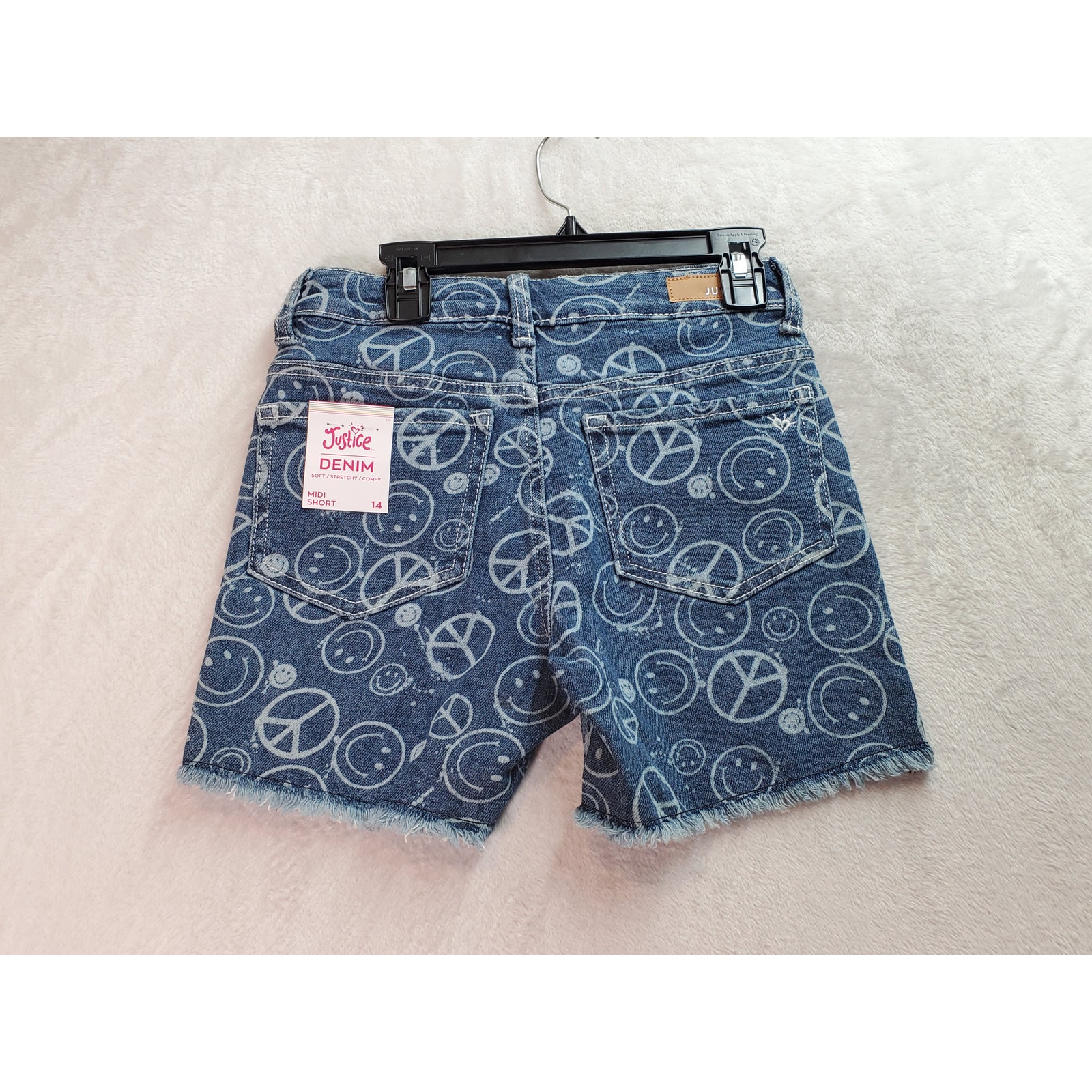 Justice Midi Shorts Girls Size 14 Blue Denim Smiley Cotton Pockets Soft Stretch - Picture 5 of 11