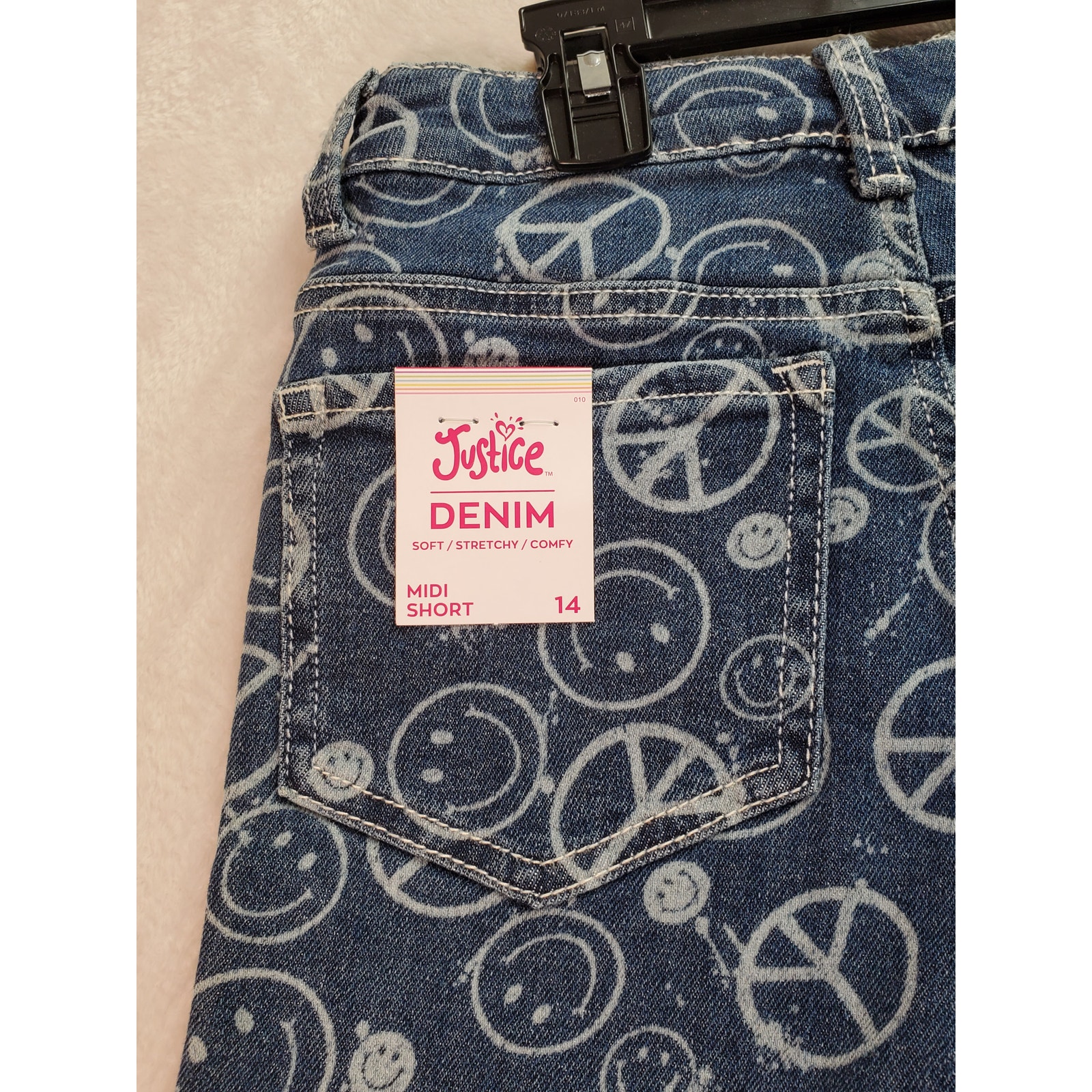 Justice Midi Shorts Girls Size 14 Blue Denim Smiley Cotton Pockets Soft Stretch - Picture 6 of 11