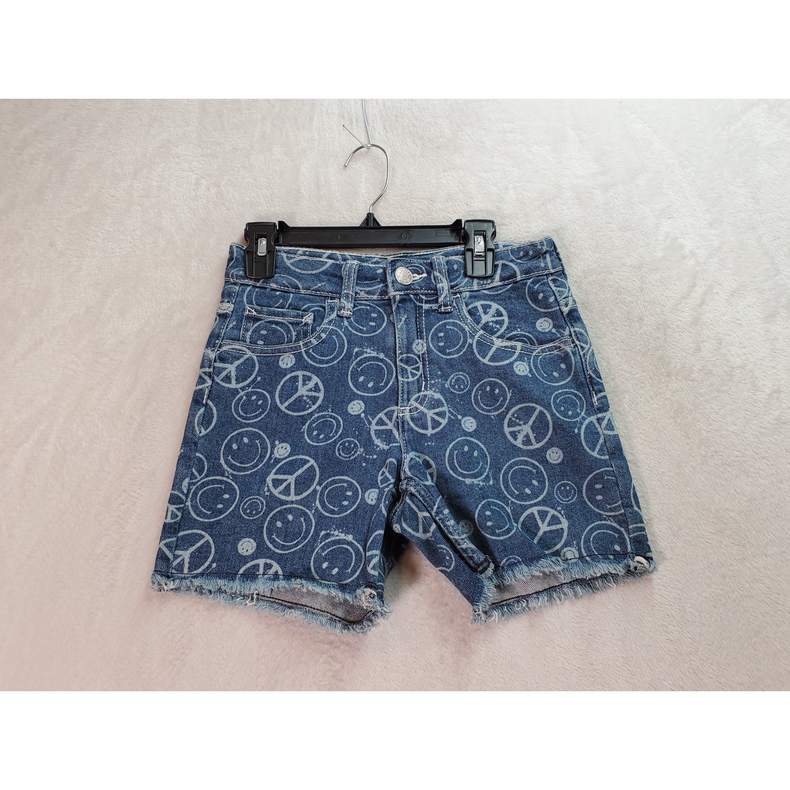 Justice Midi Shorts Girls Size 14 Blue Denim Smiley Cotton Pockets Soft Stretch