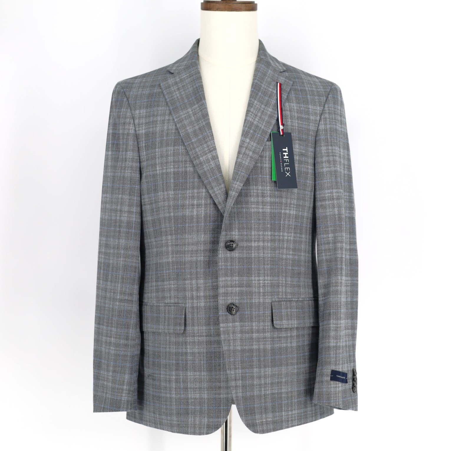 Tommy Hilfiger Men’s Grey/Blue Plaid Conrad Modern-Fit Suit Blazer Size 36S