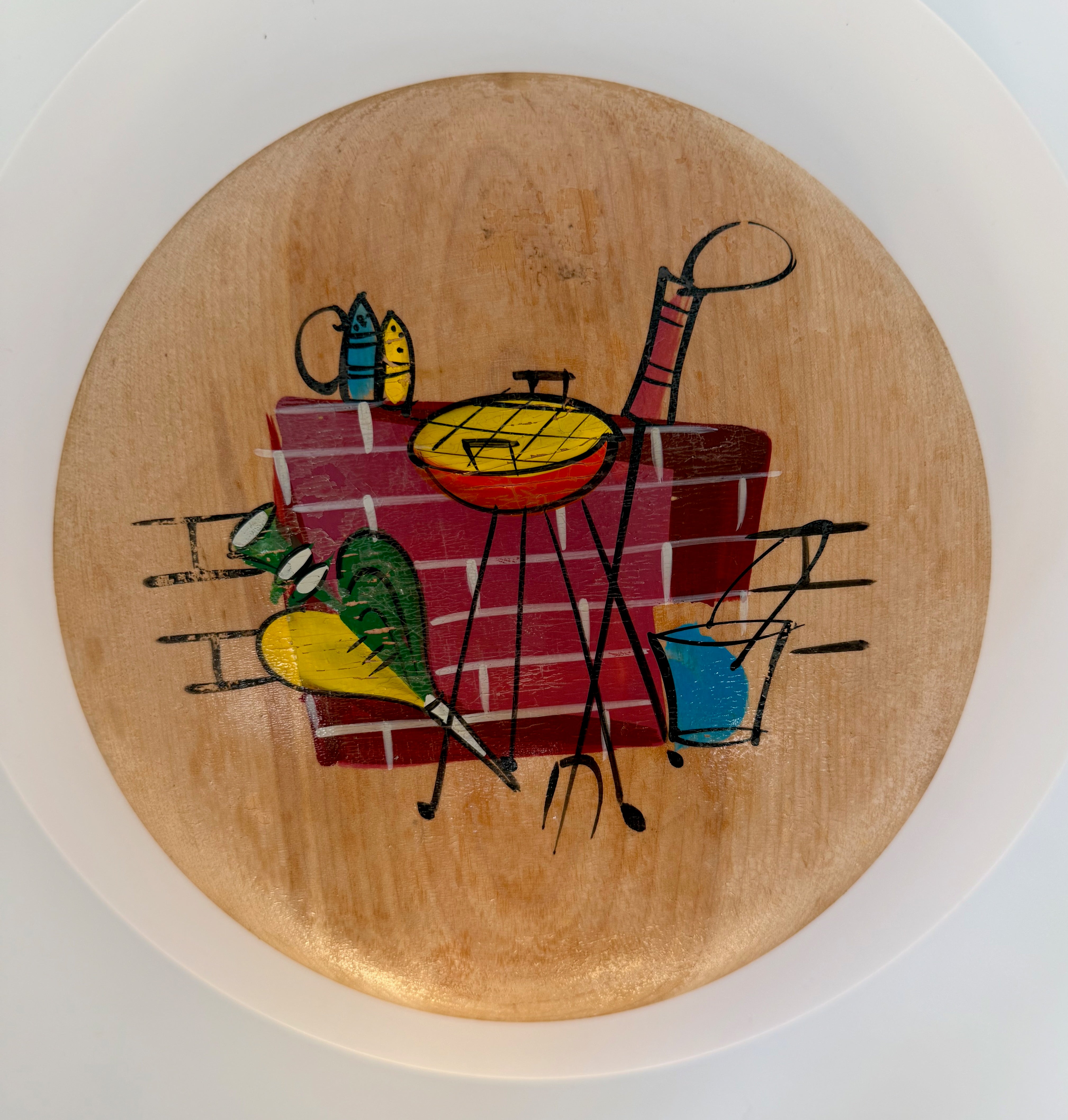 Vintage 1950s Wooden Hamburger Press – Hand-Painted Barbecue Lid, Mid-Century