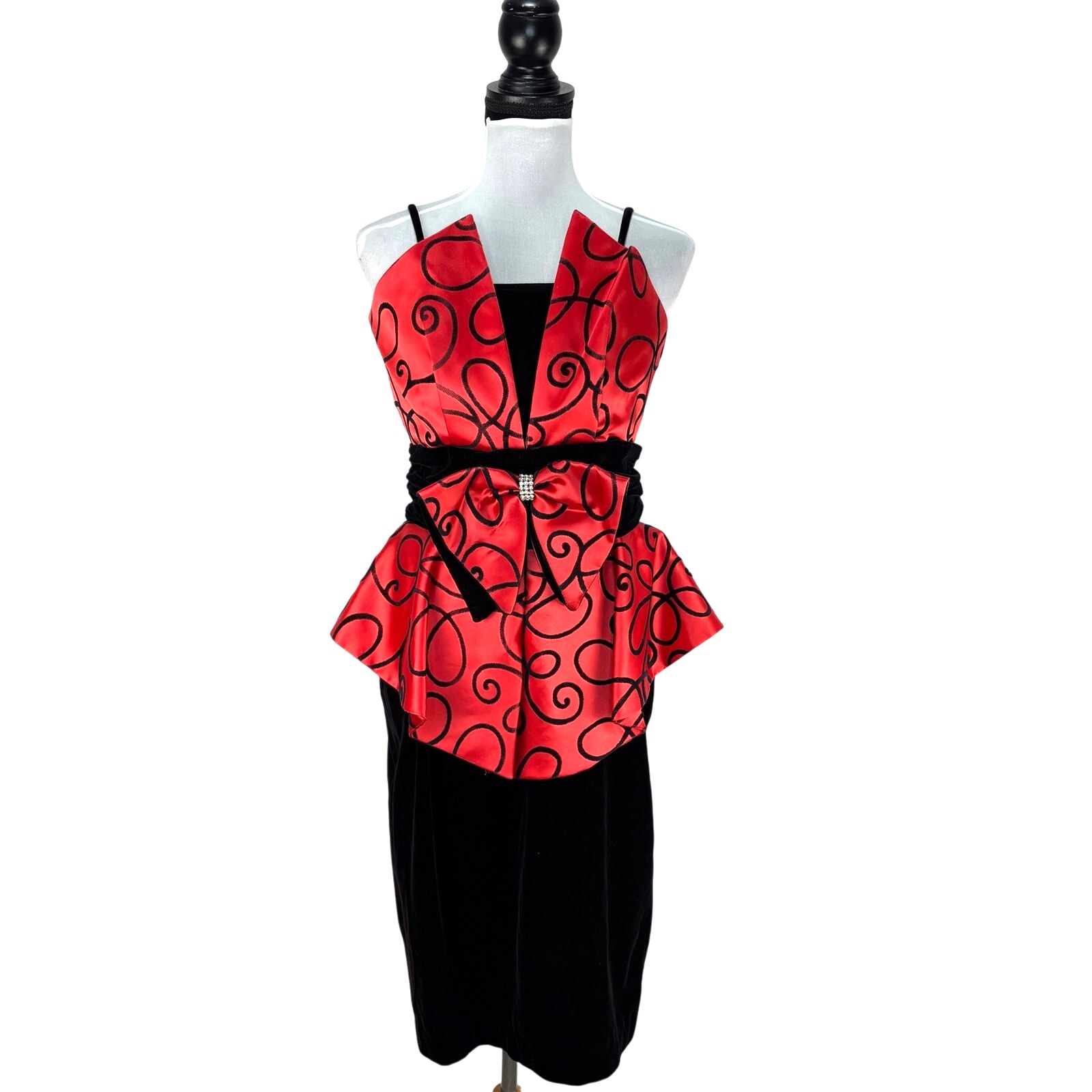 Vintage 80s 90s Black Velvet Red Trim Sheath Slip Dress – Women&rsquo;s 11/12