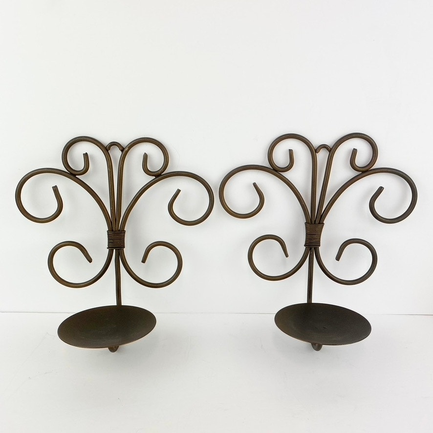 Pair of Rustic Scroll Ornate Metal Wall Mounted Candle Sconces eBay