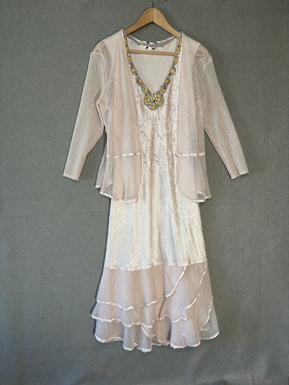 Komarov Dress & Jacket Beaded Charmeuse & Chiffon Light Pink Layered Hem Small*