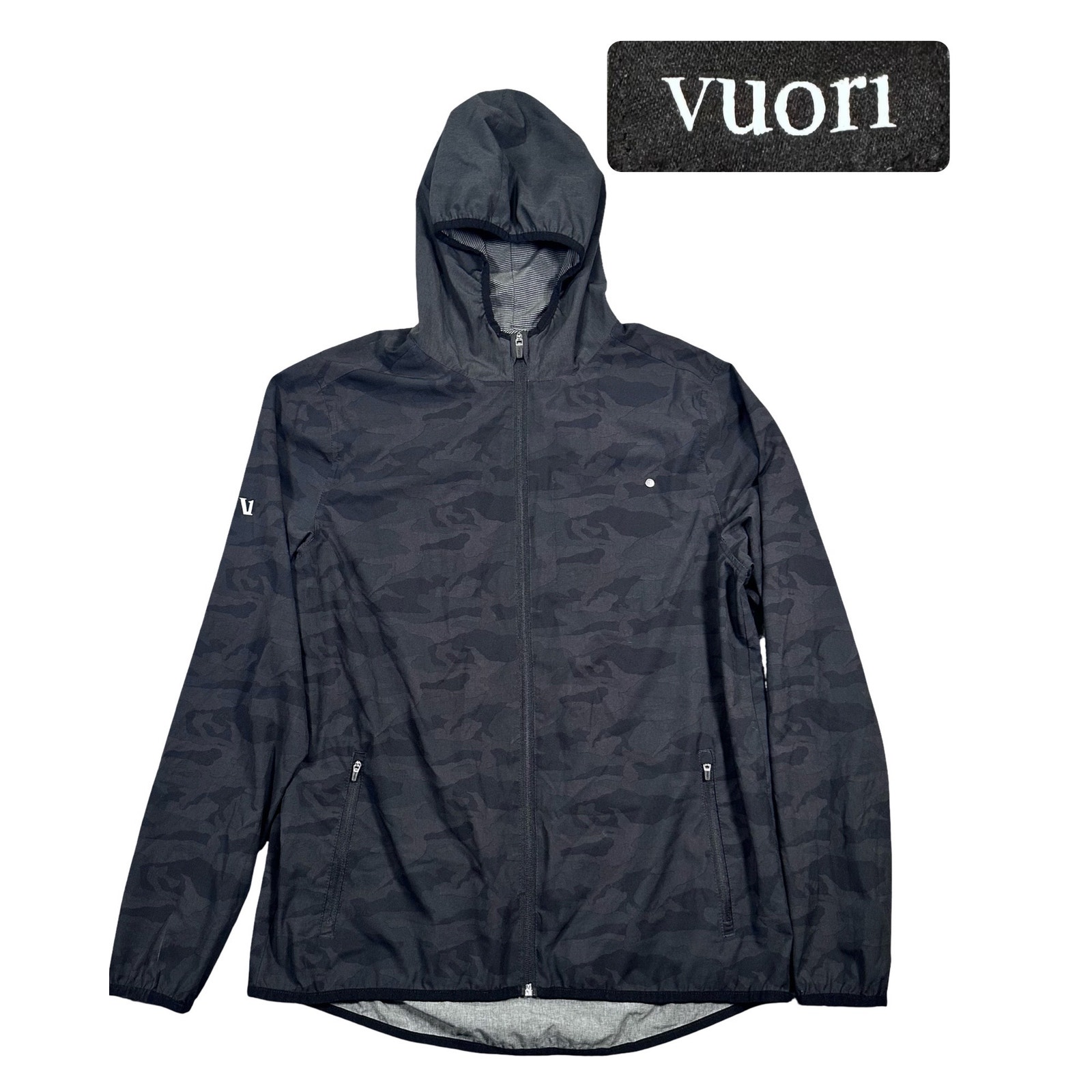 Vuori Outdoor Trainer Shell Jacket Men’s Large Black Camo Full Zip Hooded Hiking - Picture 1 of 8