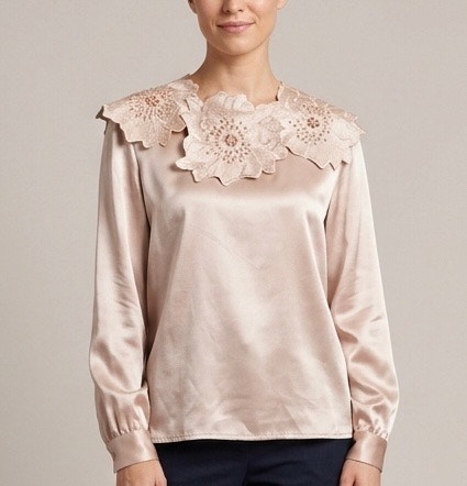 Maggy New York VTG 80s Regency Blouse Top Beaded Flower Collar Champagne