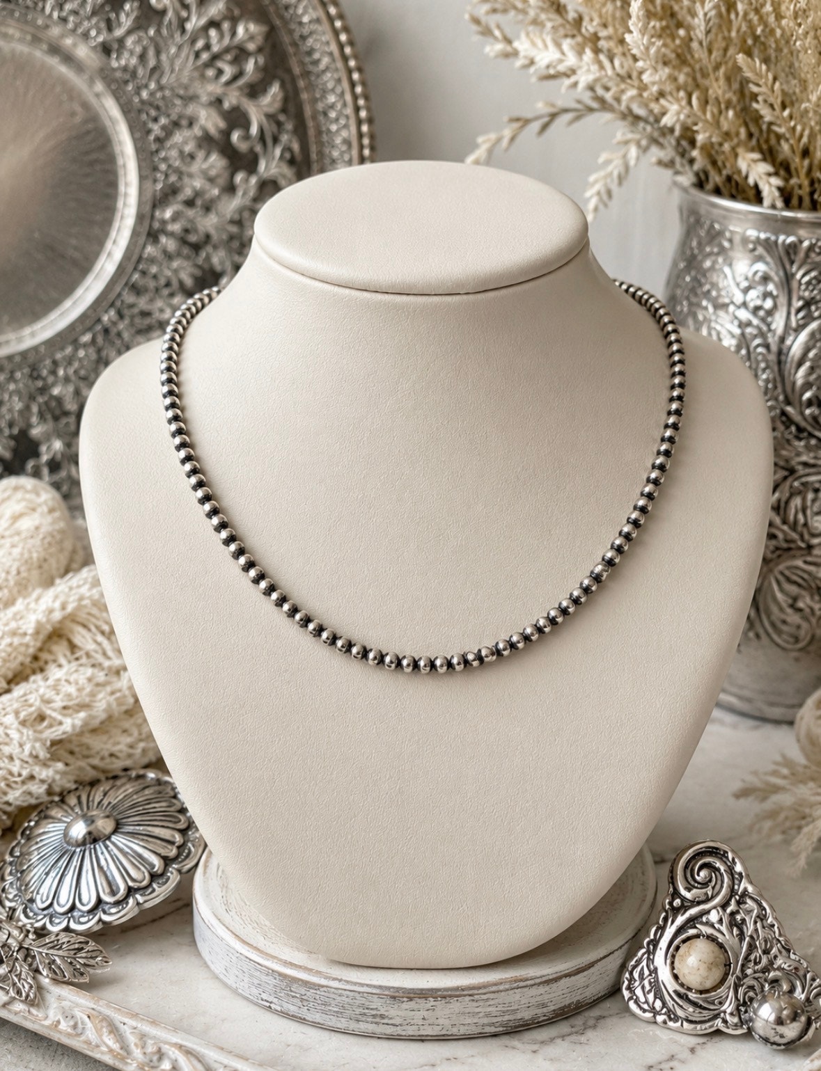 Silver Southwestern Pearl Bead Necklace 16′ 3mm Pearls