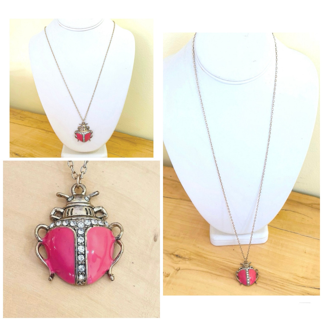 Scarab Beetle Pink-Coral Enamel Rhinestone Necklace Pendant Long Chain Charm