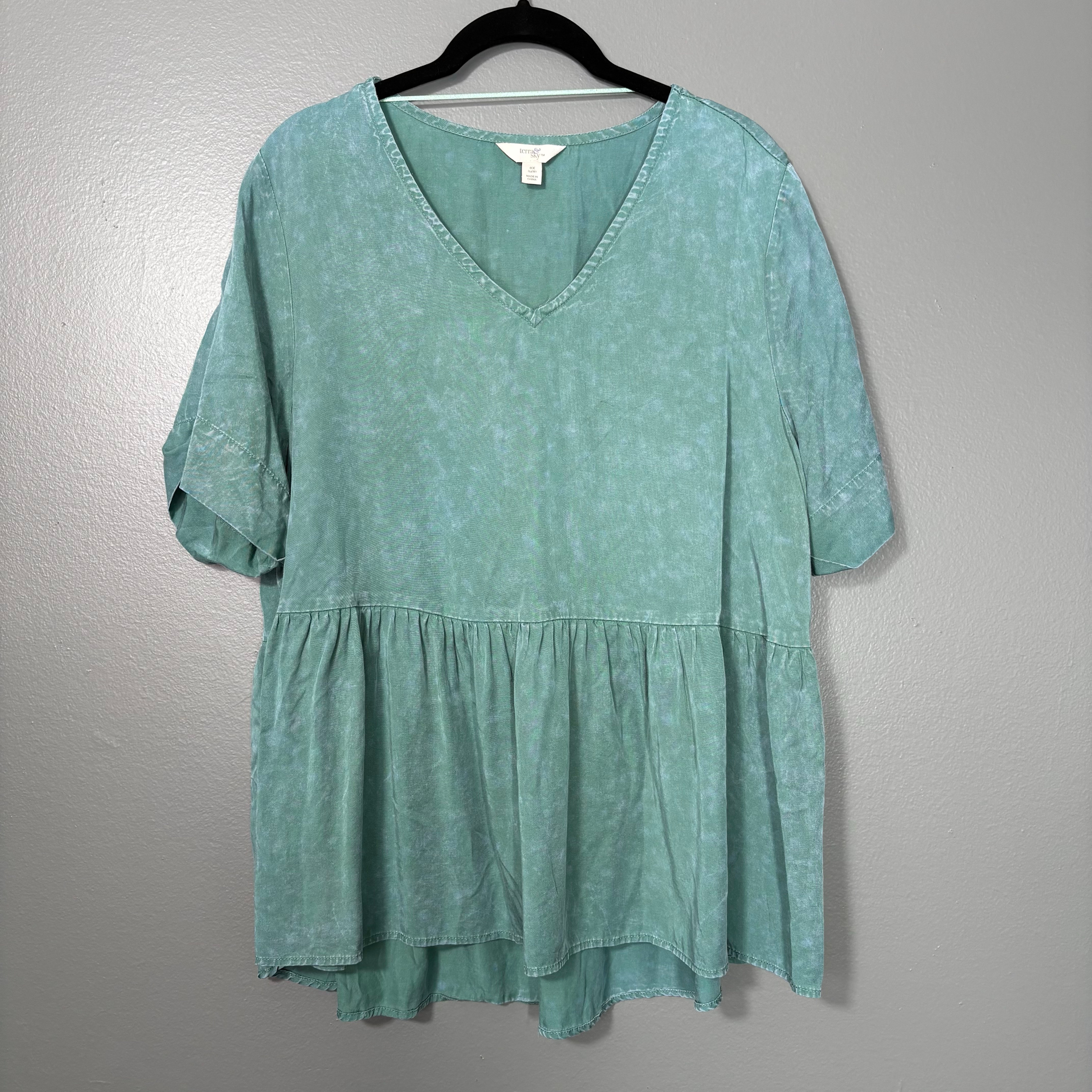 Terra & Sky Lagenlook Boho Green Peplum Top – Size 0X (14W) – Women’s Plus Size