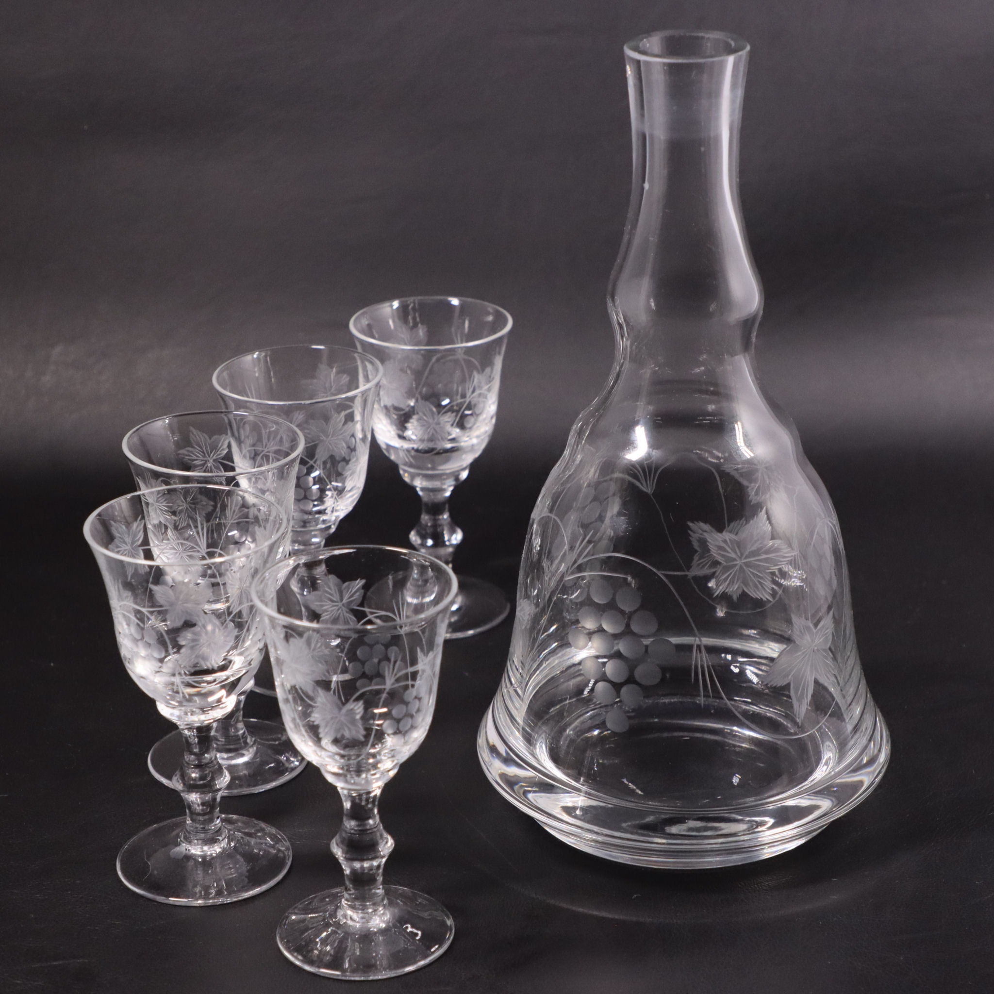 Krosno Grape Etched Crystal Carafe Decanter 5 Cordial Aperitif Glasses eBay
