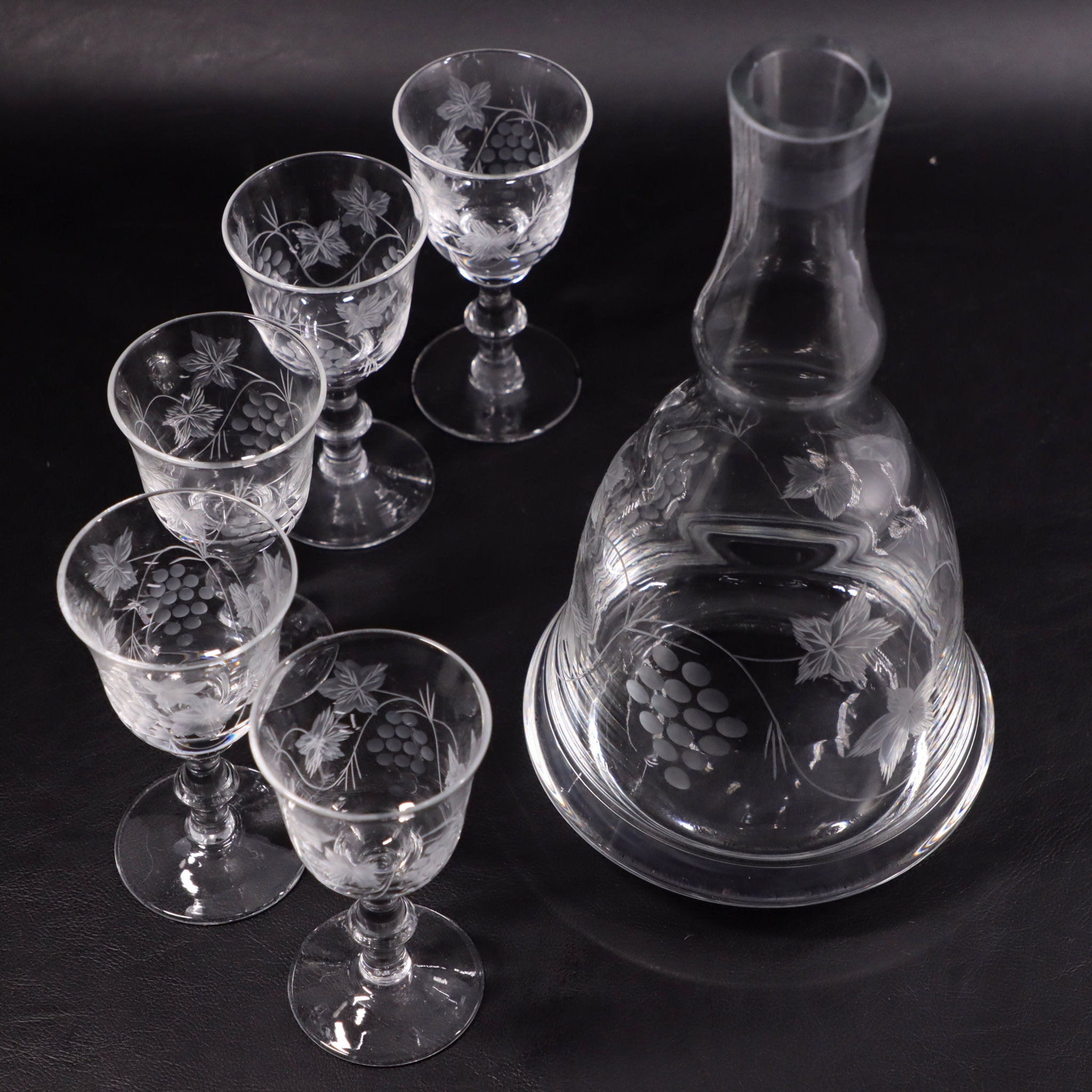 Krosno Grape Etched Crystal Carafe Decanter 5 Cordial Aperitif Glasses eBay