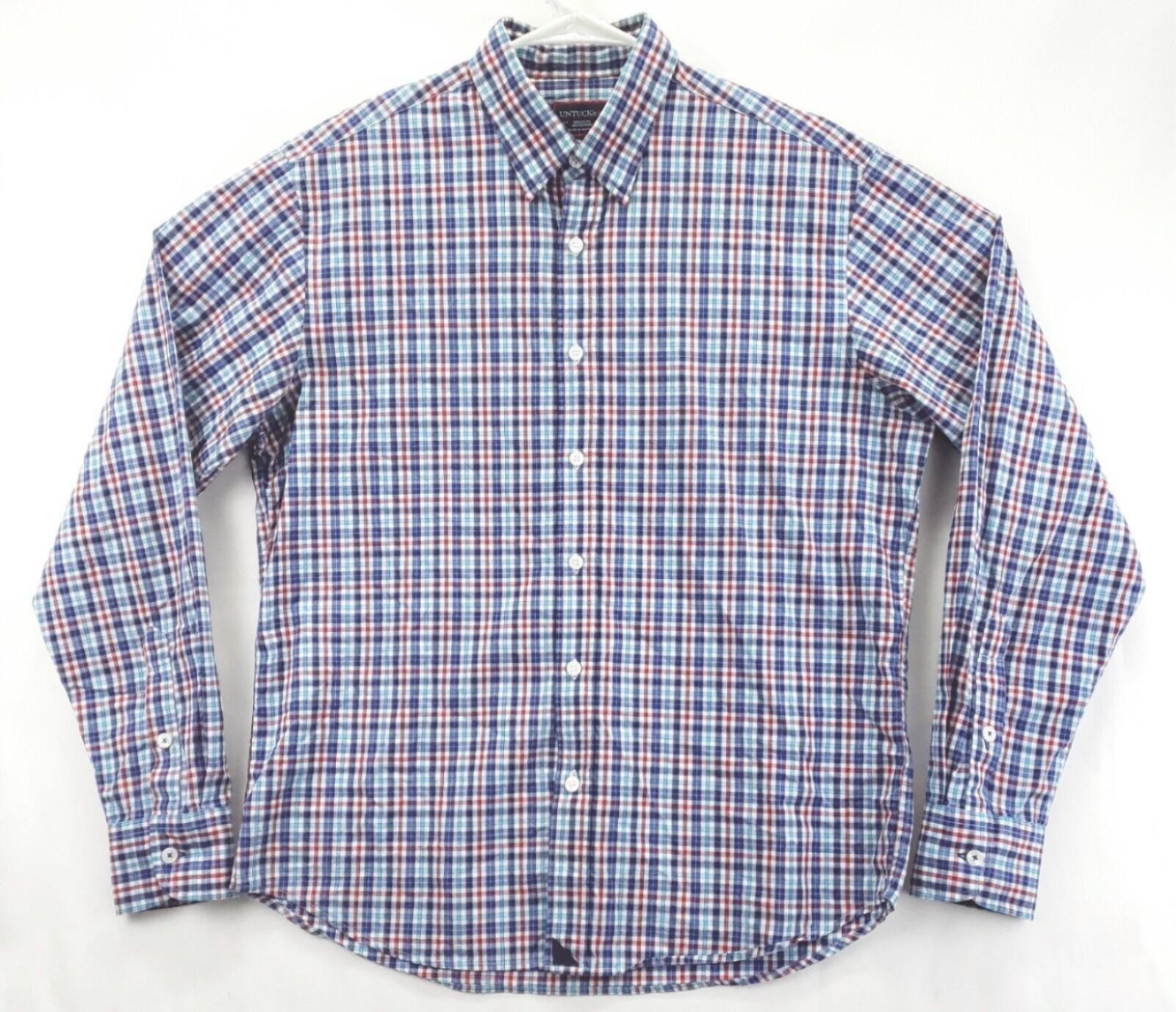 Untuckit Shirt Mens Medium Blue White Red Check 100% Cotton Classic Button-Up
