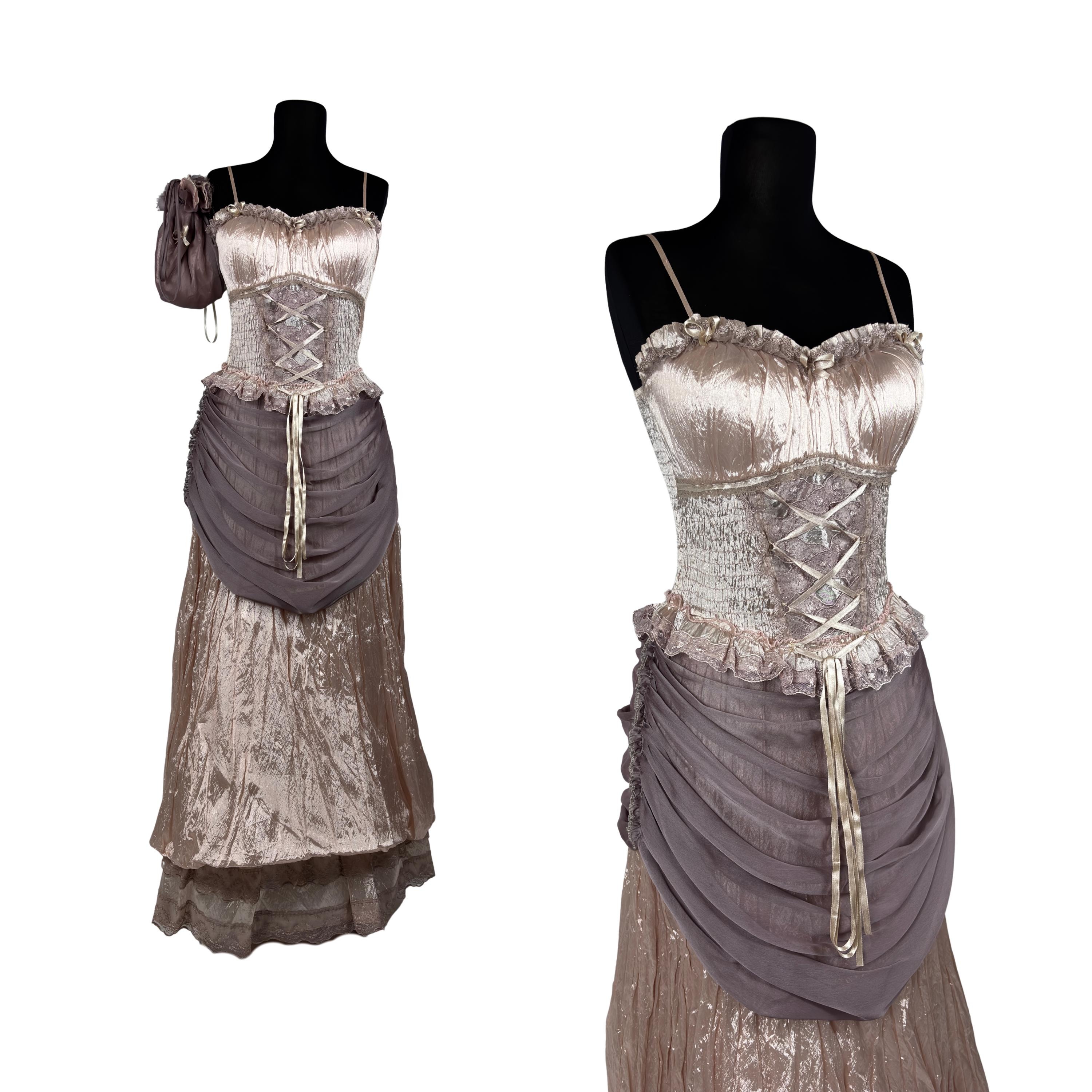 Vintage Corset Lace Dress Blush Pink Smocked Back Fairycore Gown Romantic Y2K