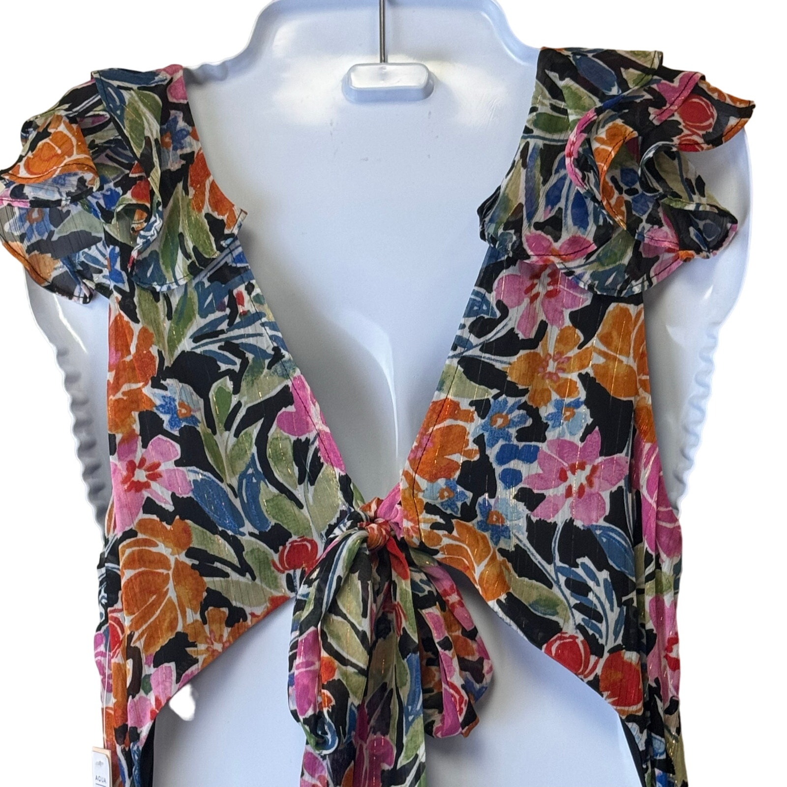 New Aqua Bloomingdales Chiffon Tiered Multi Color Floral Maxi Dress Women's XL - Picture 9 of 12