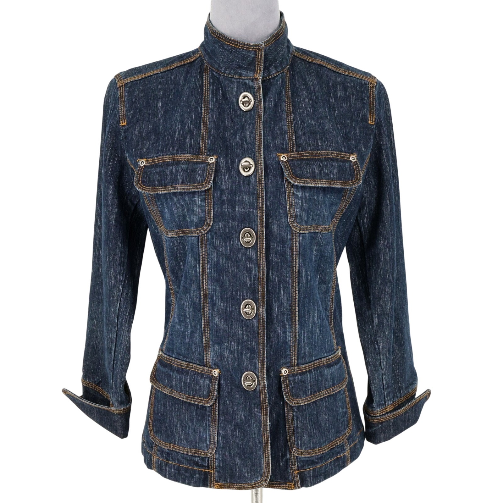 Chicos Denim Jacket 0 Womens Small Blue Military Stretch Cotton Pockets Toggles