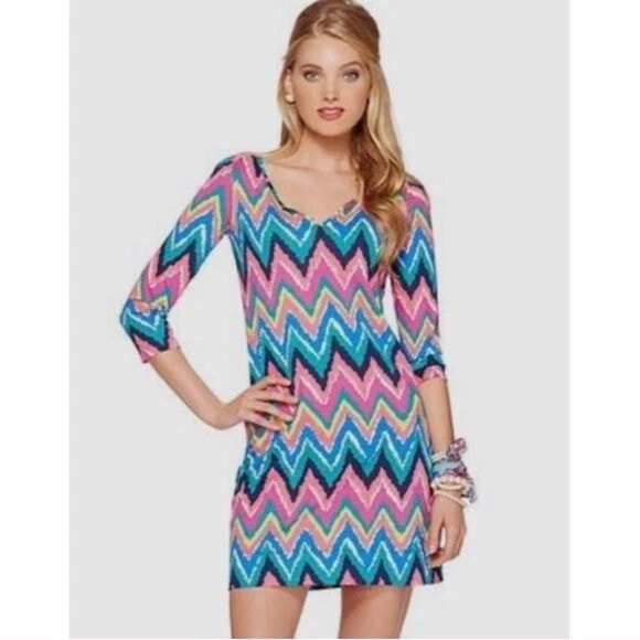 Lilly Pulitzer Gretchen Dress Hearts a Flutter Multicolor Chevron Print Women M