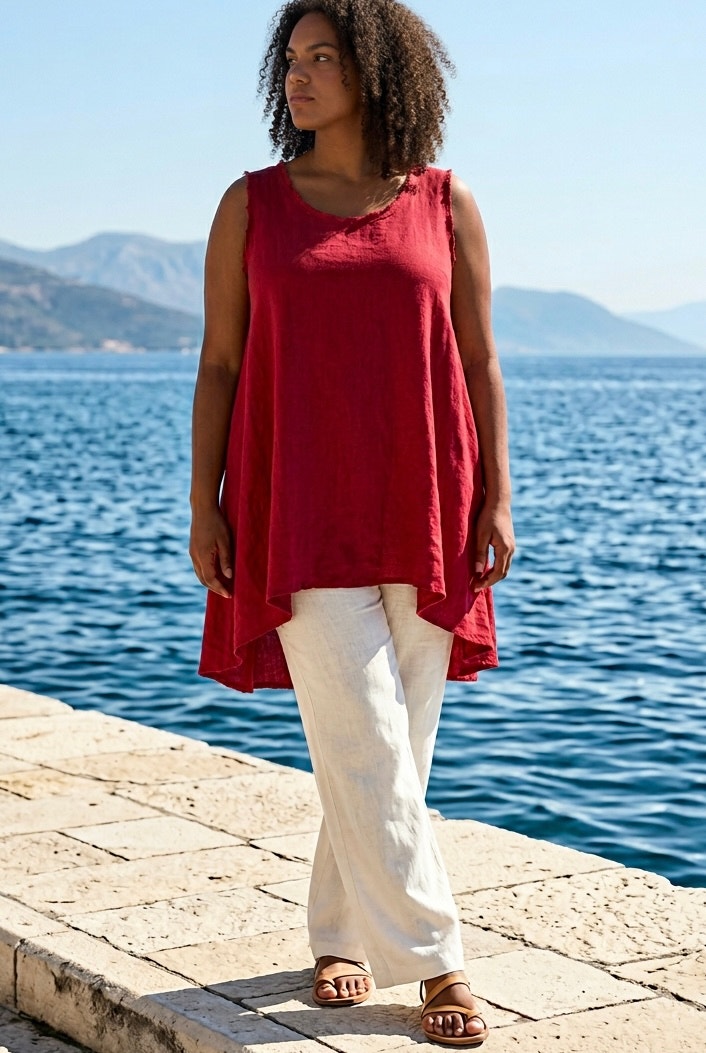 Handmade Deep Crimson Heavyweight Linen Dress L NWOT Lagenlook Boho High Low Hem