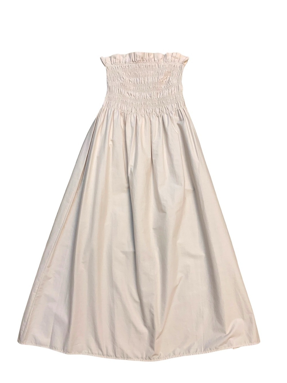 H&M Tan Strapless Smocked Maxi Midi Dress Beige Coastal Euro Summer Boho Beach