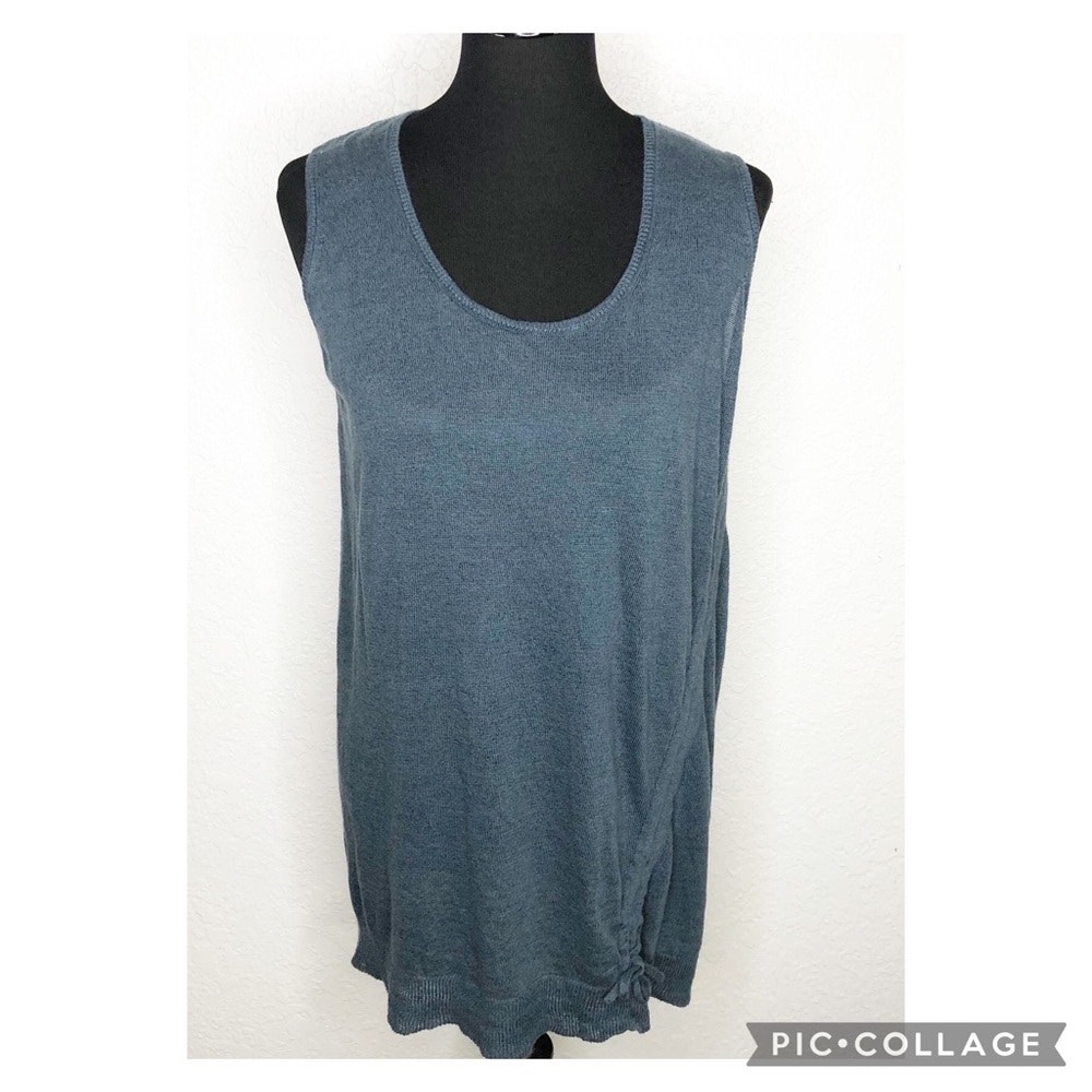 PLANET blue green linen sleeveless drawstring hem tunic top
