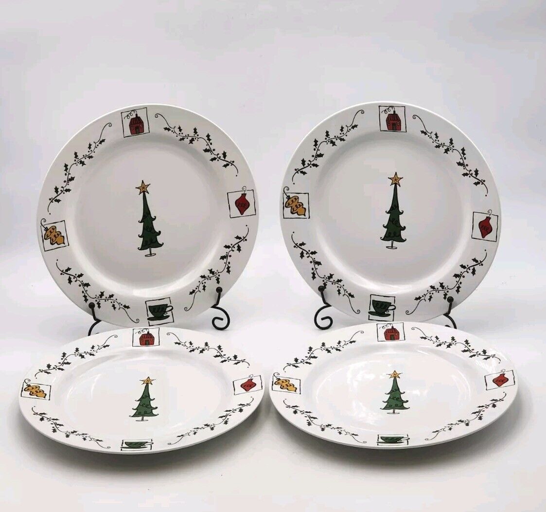 Starbucks Christmas Dinner Plates 4 Piece Set 10.75″ Rare 2000 Tree & Ornaments