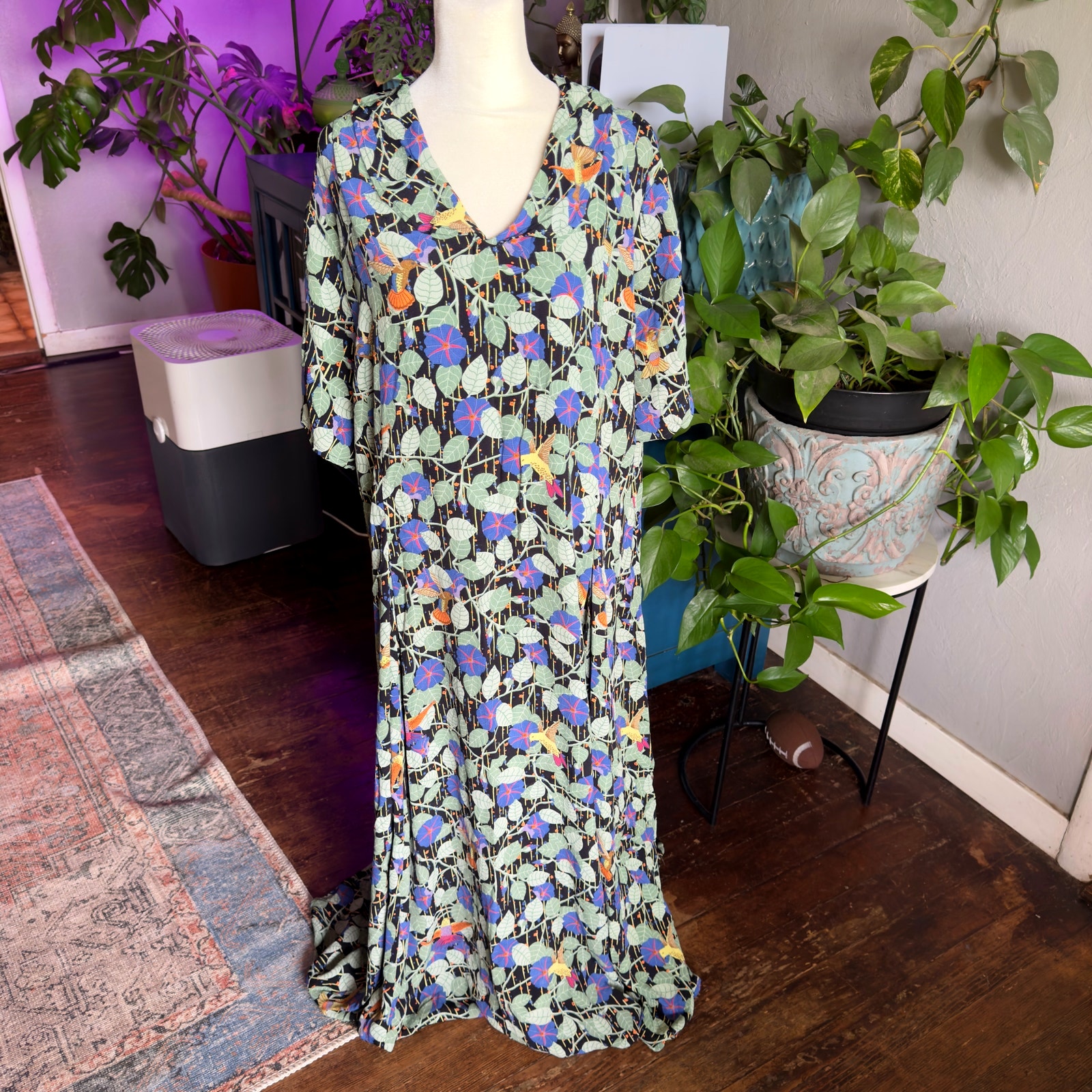 90's FLAX By Jeanne Engelhart Long, Floral Dress 40's Style Large - Picture 1 of 7