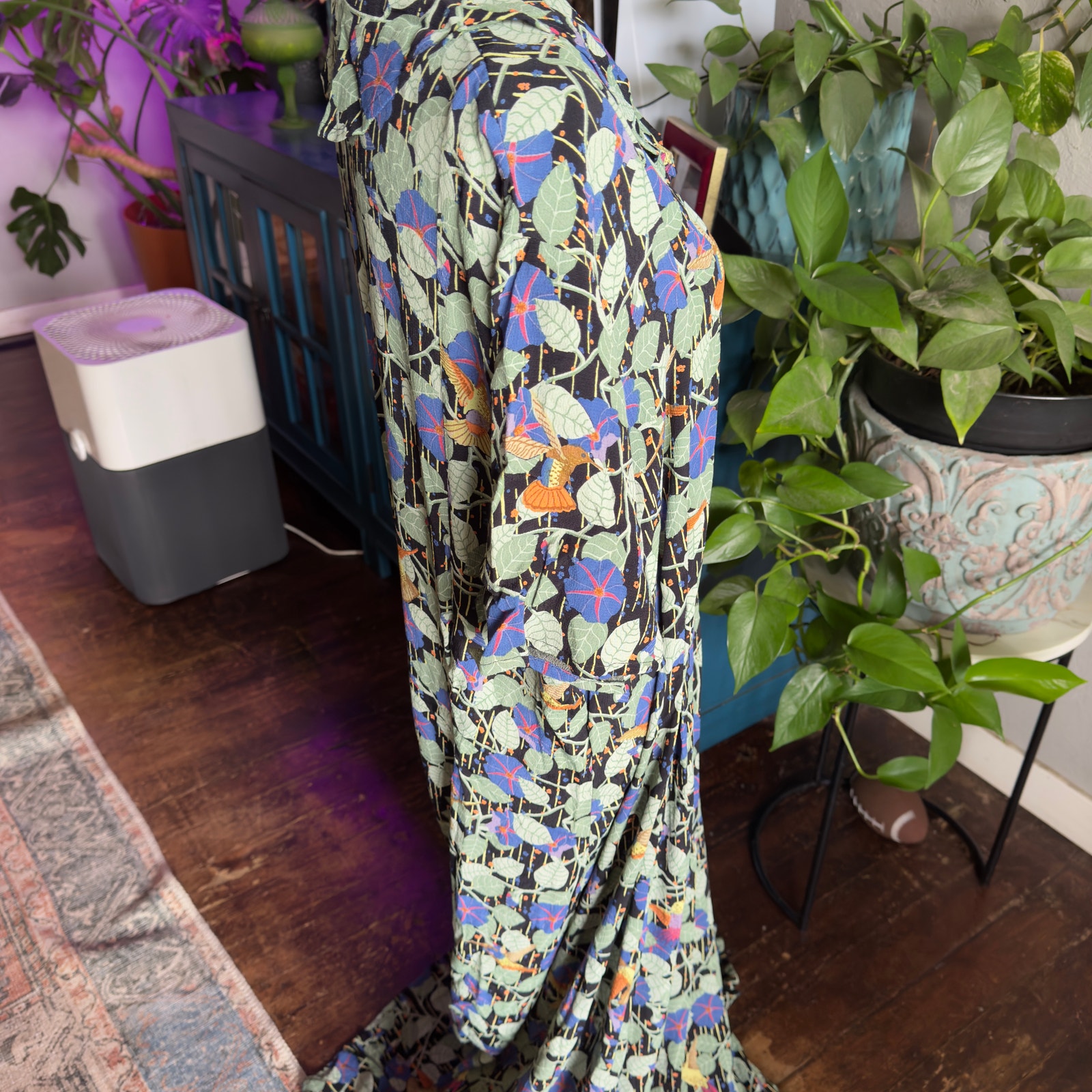 90's FLAX By Jeanne Engelhart Long, Floral Dress 40's Style Large - Picture 3 of 7