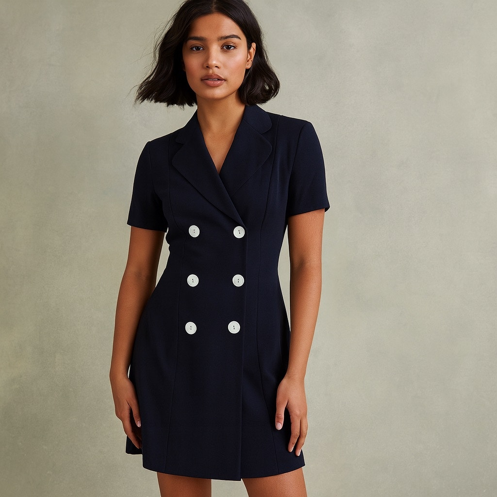 Vintage 80s Navy Blue Double Breated Shift Dress Small Size 4