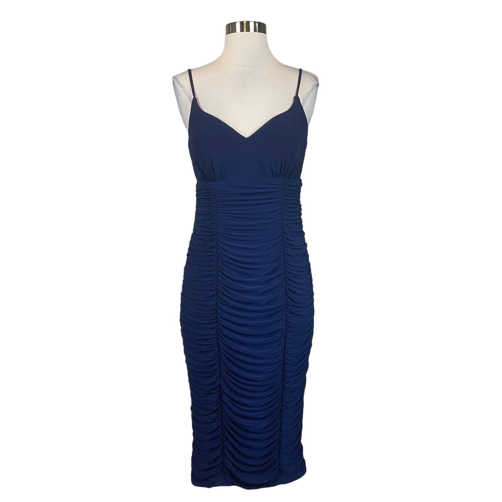 XSCAPE Women's Cocktail Dress Size 6 Blue Sleeveless Ruched Midi Sheath