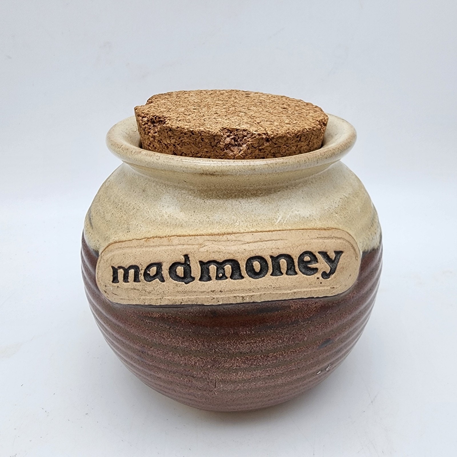 Vtg Mad Money Savings Jar Glazed Stoneware Cork Lid Brown Cream Gargen Ridge 5″