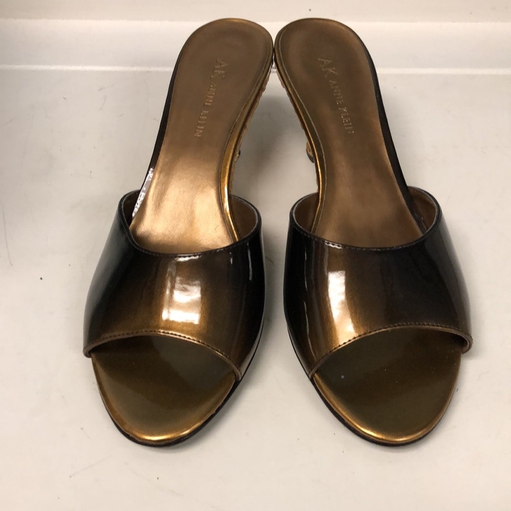 Anne Klein bronze patent leather wedge sandals w/ woven straw women’s ...