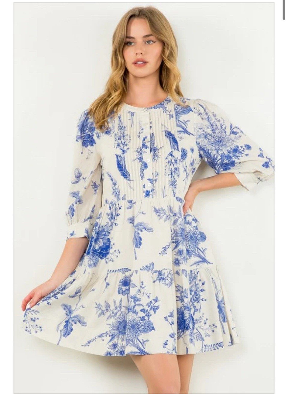 THML Fine China Dress Blue White Print Tiered Balloon Sleeve Women&rsquo;s Medium